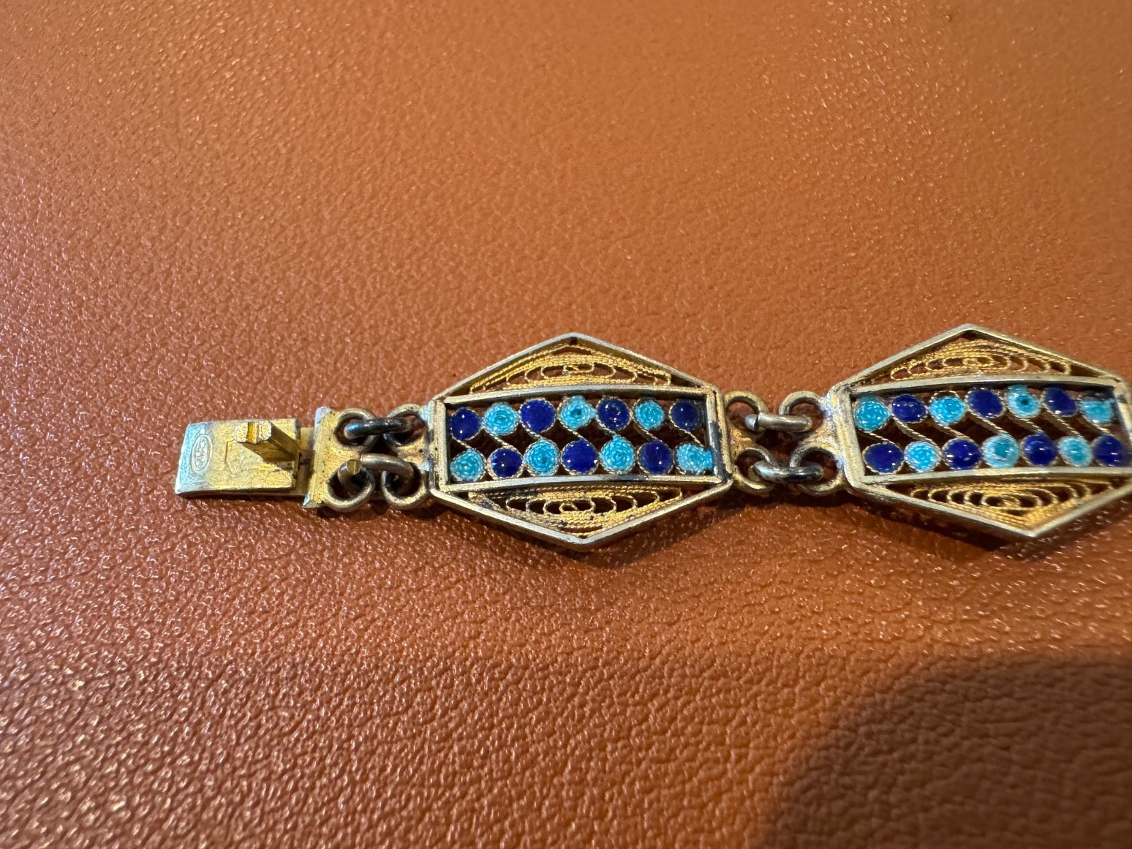Vtg Antique 800 Silver Filigree Design Blue Enamel Bracelet w/ Gold Wash