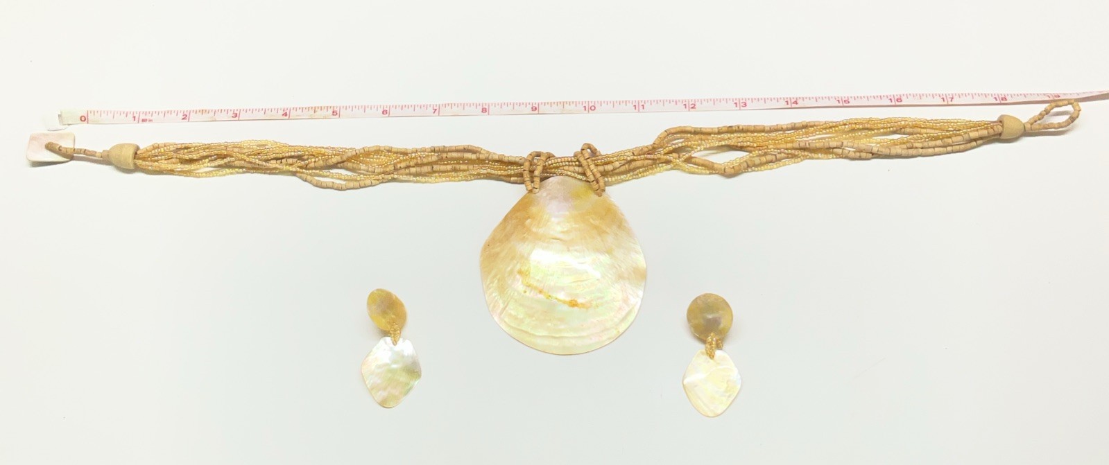 VTG Boho Multi Strand Necklace Seed Beads Shell Pendant & Earrings Demi Parure