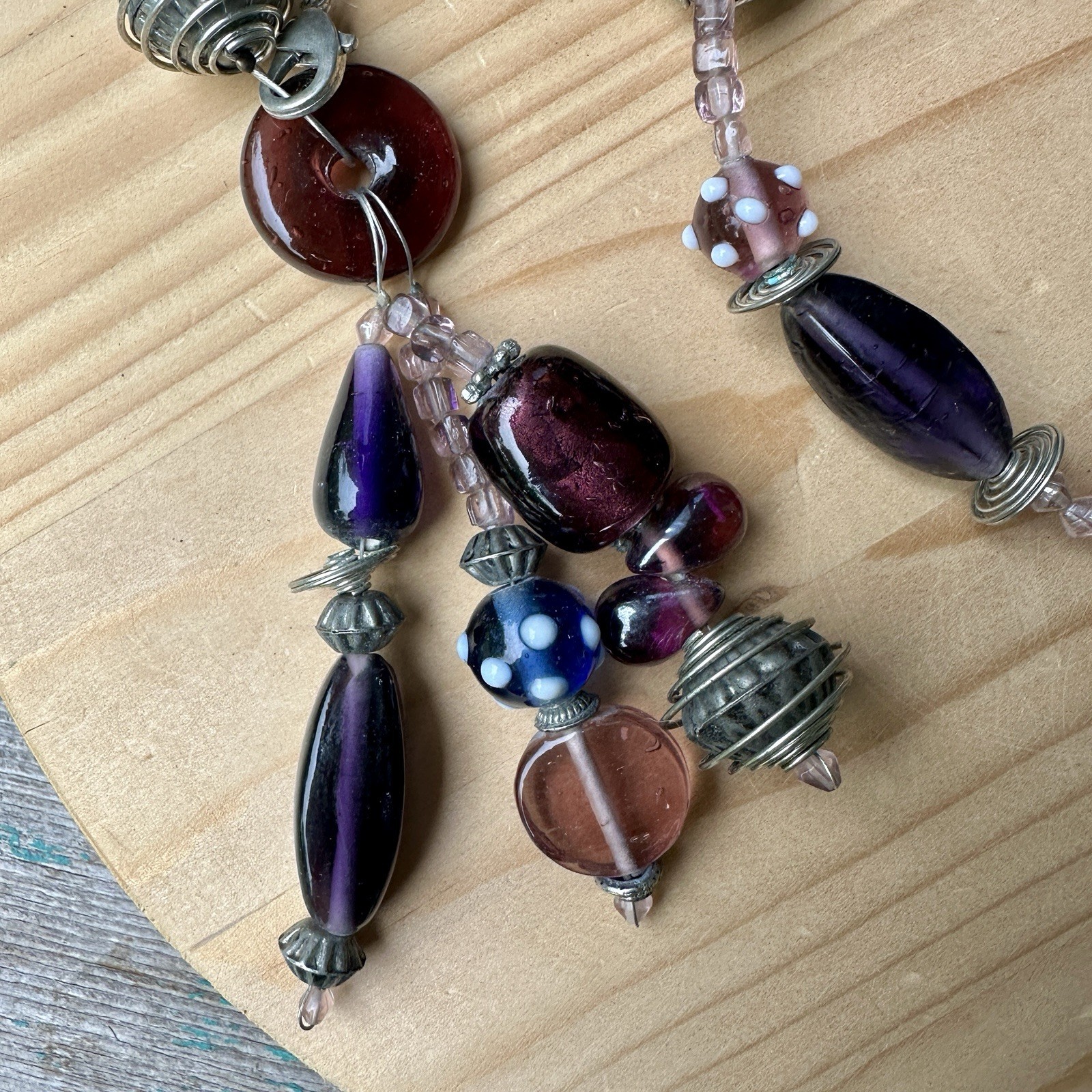 VTG Artisan Beaded Necklace 41 Inch Metal Art Glass Statement Tassel Multicolor