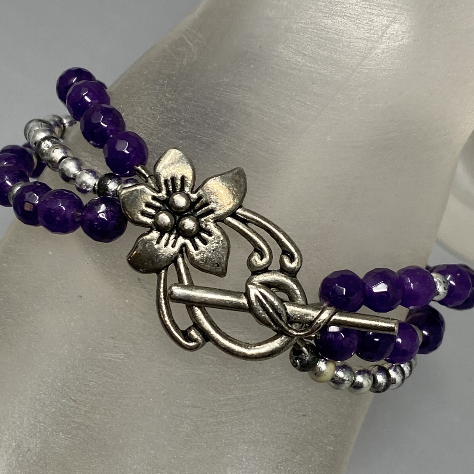 Amethyst Bracelet Purple Gemstone Faceted Stone Beads Layered Flower Toggle 6.75