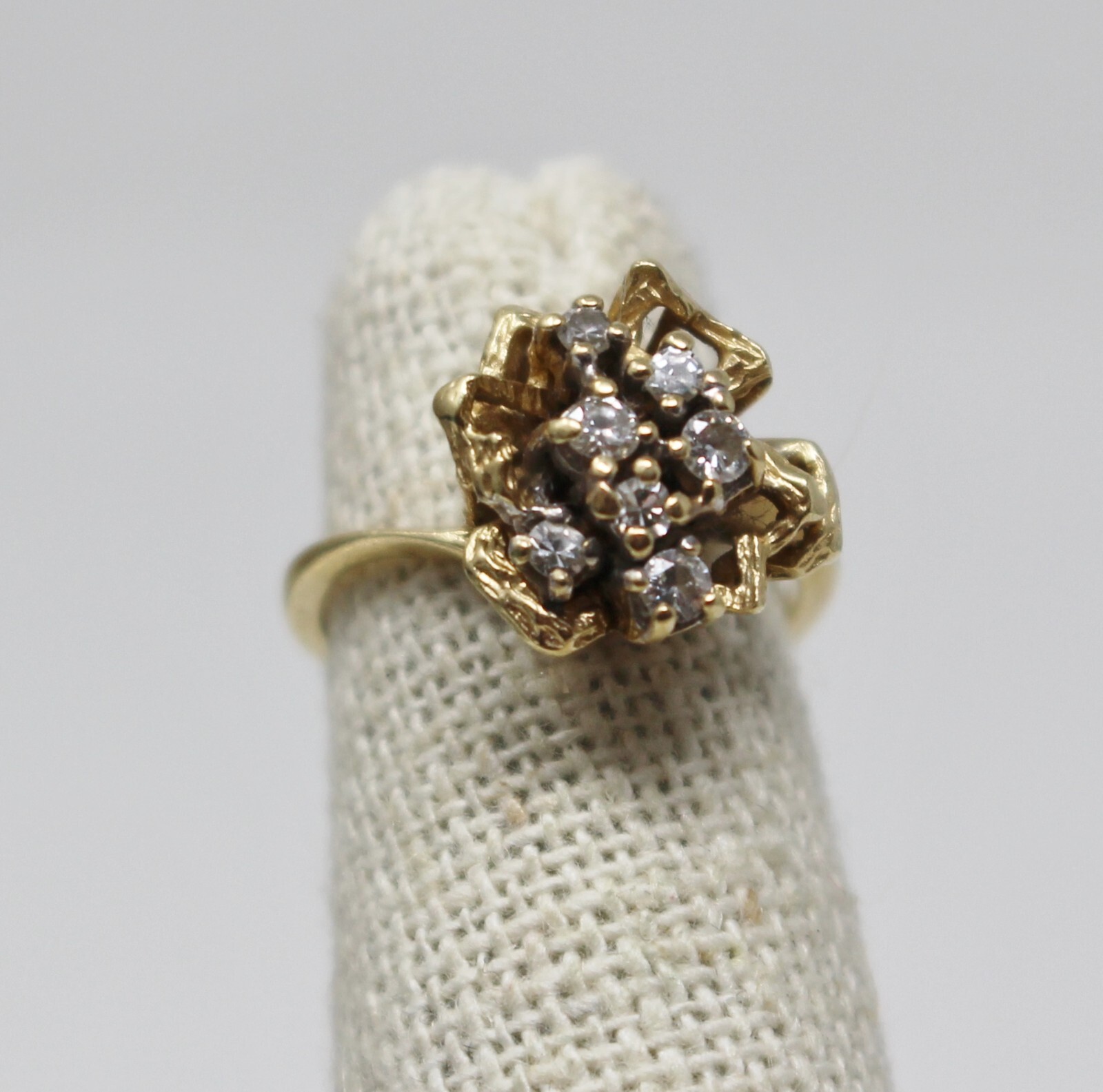 14k Plum Gold 7 Diamond Cluster RING Prong Set Cocktail MCM 3.3g Vintage