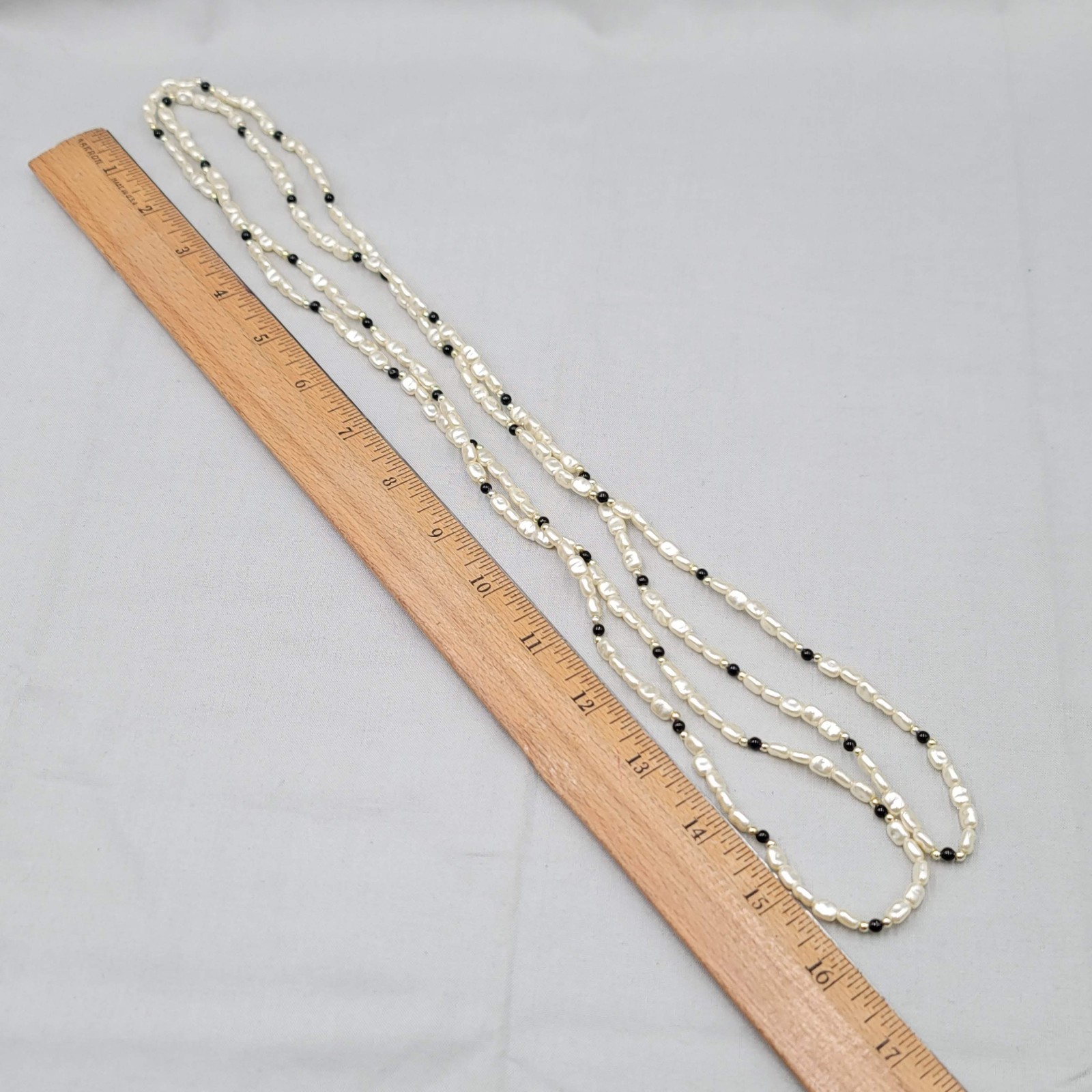 Vintage White Black Beaded Necklace Estate Costume Jewelry Very Long 64″