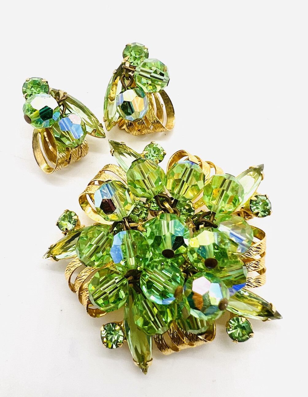 JULIANA Delizza Elster URANIUM GLASS Rhinestone Brooch Earrings Vintage Jewelry