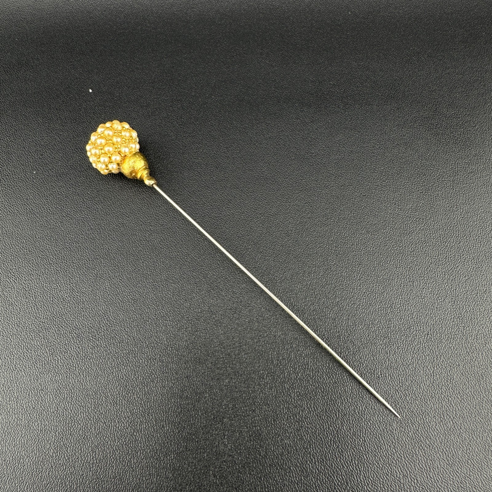 Vintage Hat Stick Pin Gold Tone Faux Seed Pearl Cluster Studded Head 4.25″