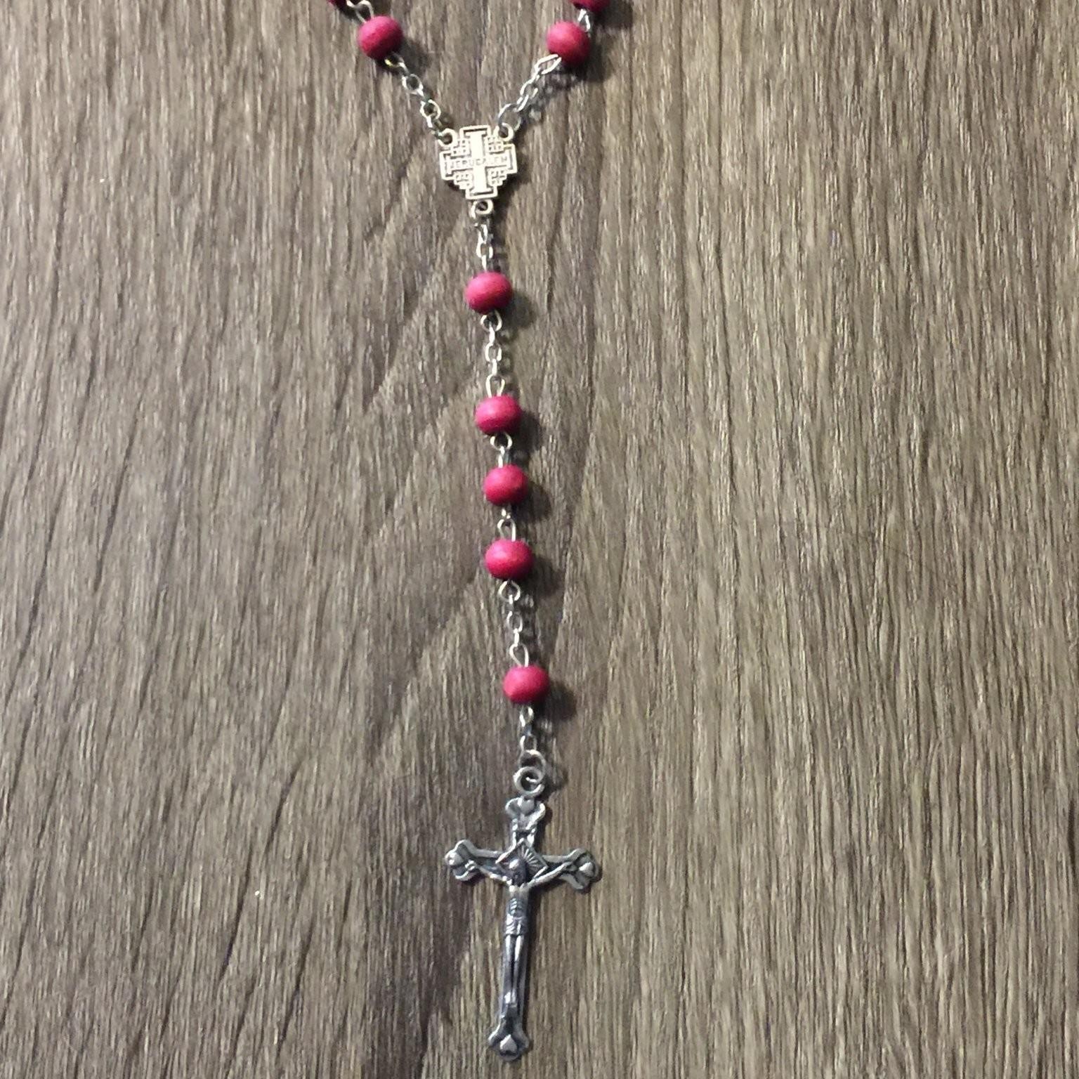 Vintage Religious Rosary Necklace Silver Tone Metal Red Acrylic Long Devotional