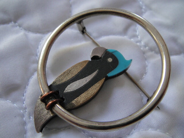 Vtg Taxco Sterling 925 AC Piedra Negra Tono Turquoise, brass Inlay bird Brooch