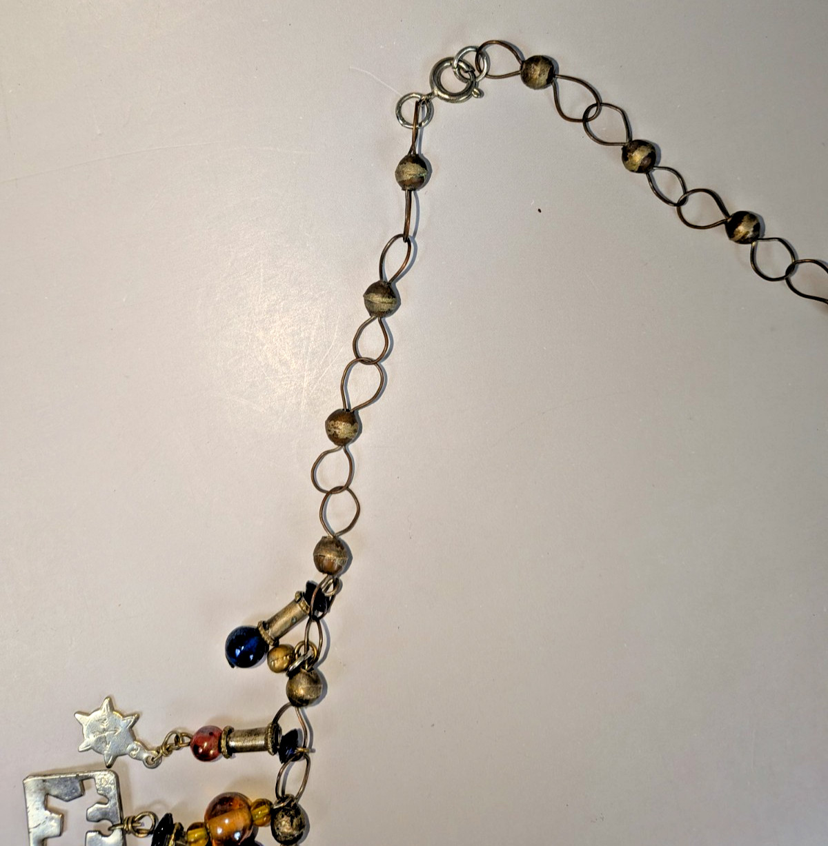 Vintage 70s Milagros Charm Necklace, Brass & Silver w/ Glass Beads, 26.5”