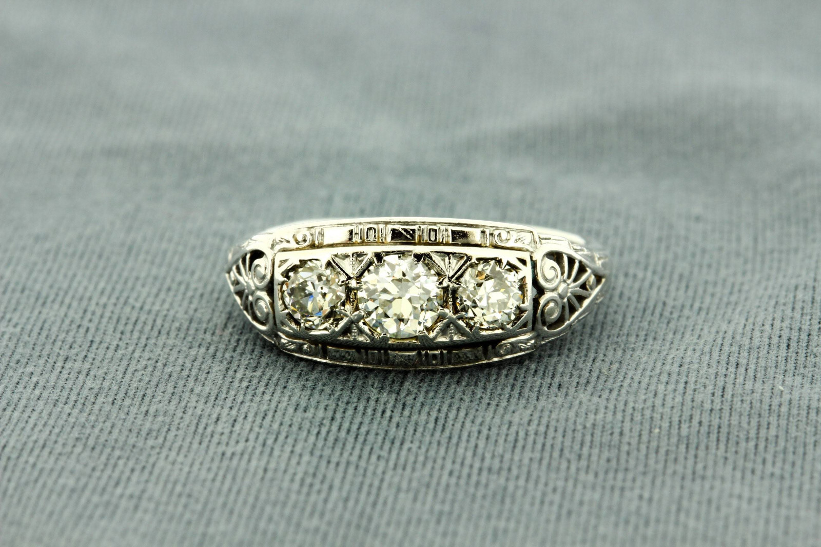 1 Ctw White Round Cut CZ & Three Stone Antique Style Art Deco Ring In 925 Silver