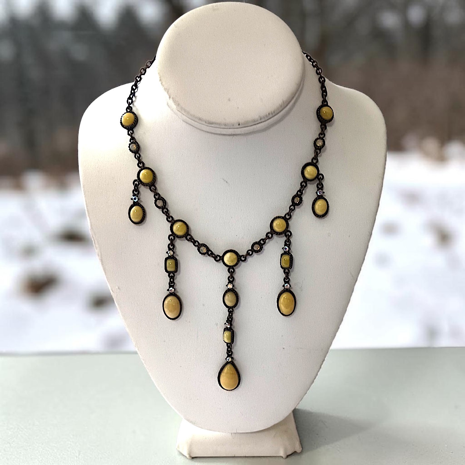 Vtg 90s Chandelier Bib Necklace Statement Egg Yolk Cabochon Art Nouveau Collar