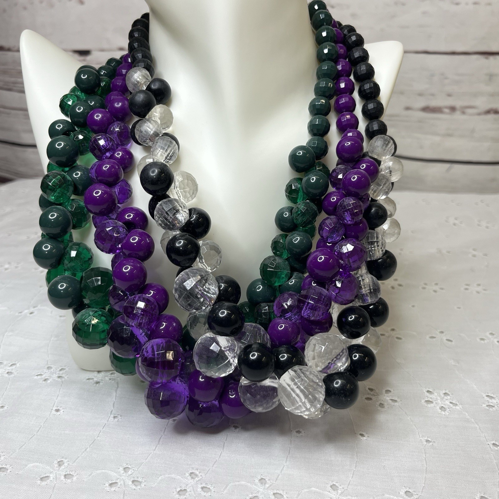 Lot of 3 Vintage Faceted Beaded Bauble Necklaces Purple Green Black White