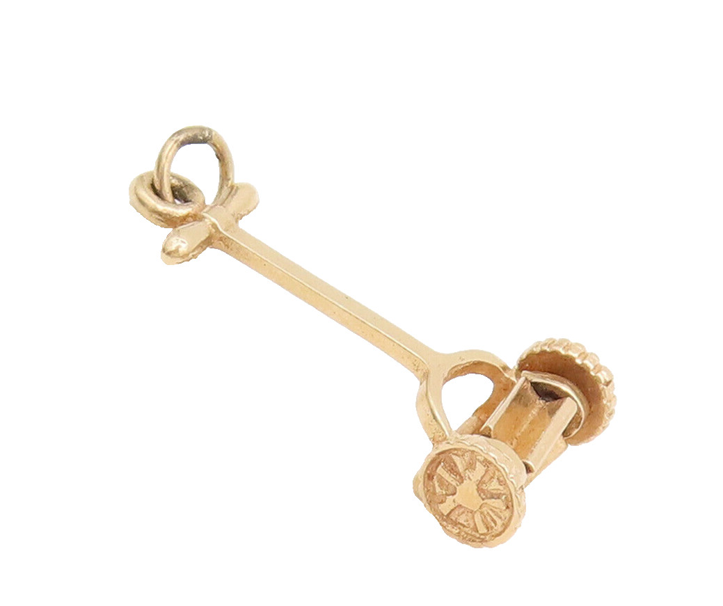 10K GOLD Vintage Miniature Manual Lawn Mower Drop Pendant (MOVES) GP645
