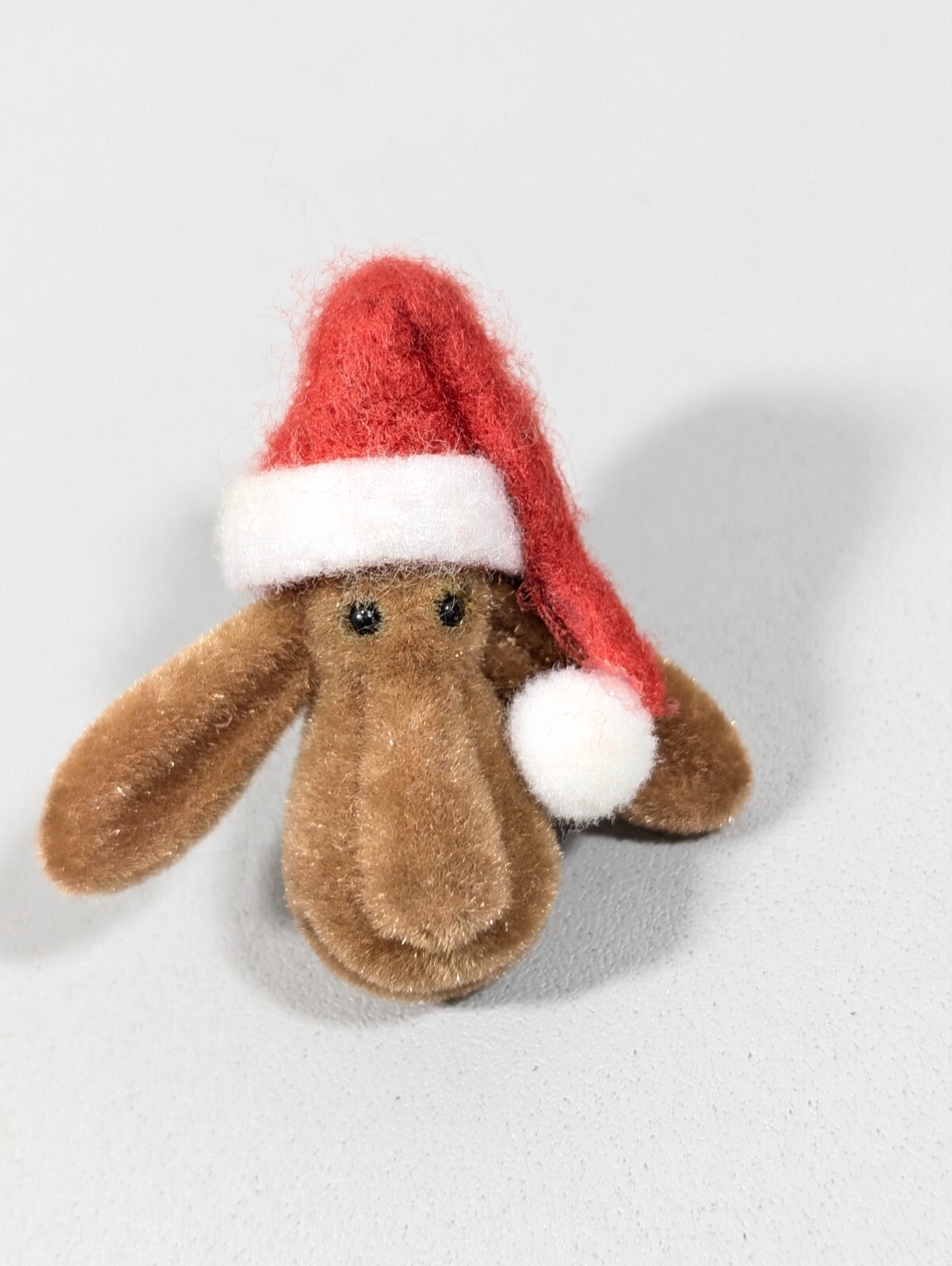 Vintage Fuzzy Christmas Reindeer Pin Brown Red Santa Hat 3D