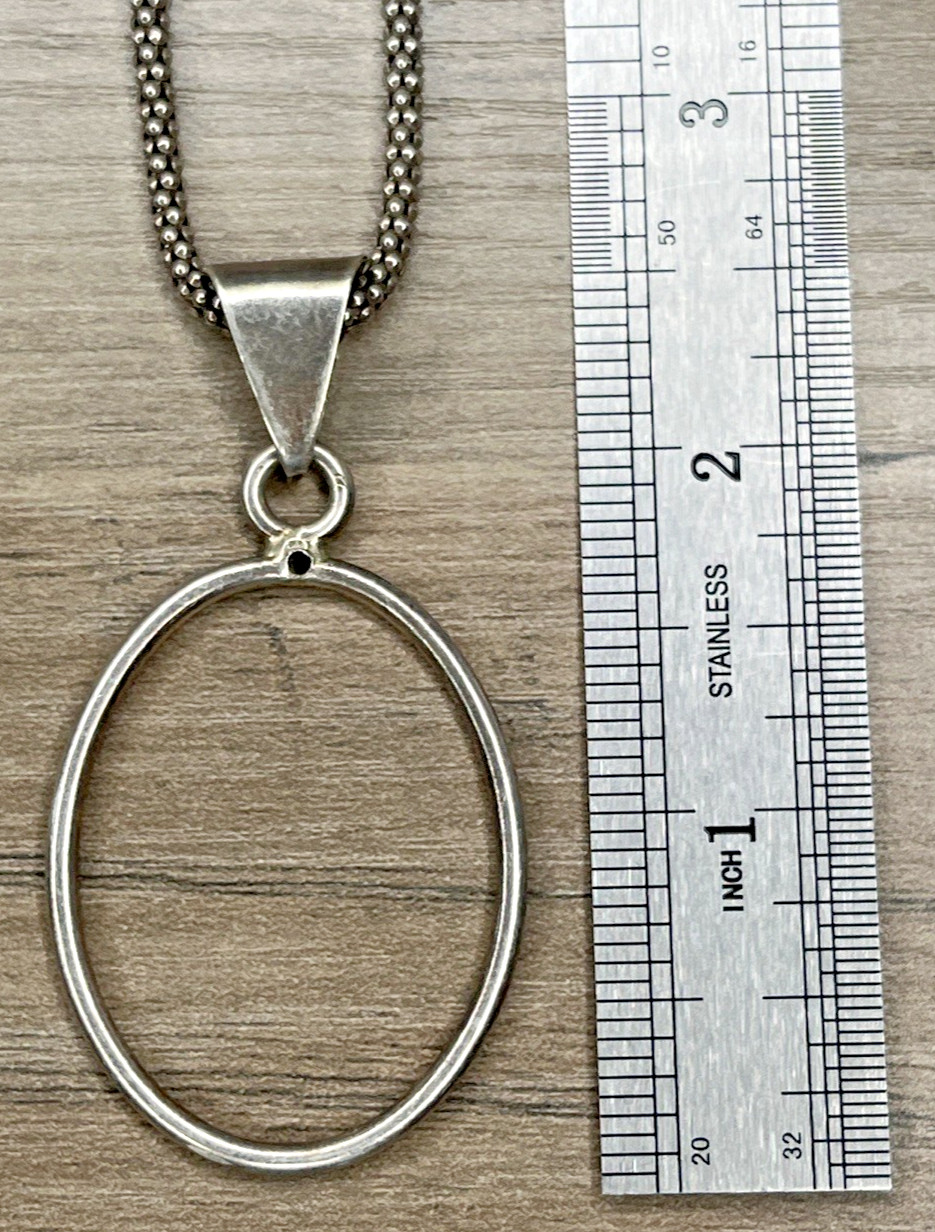 VTG Modernist Sterling 925 Popcorn Chain Necklace & Oval Openback Bezel Pendant