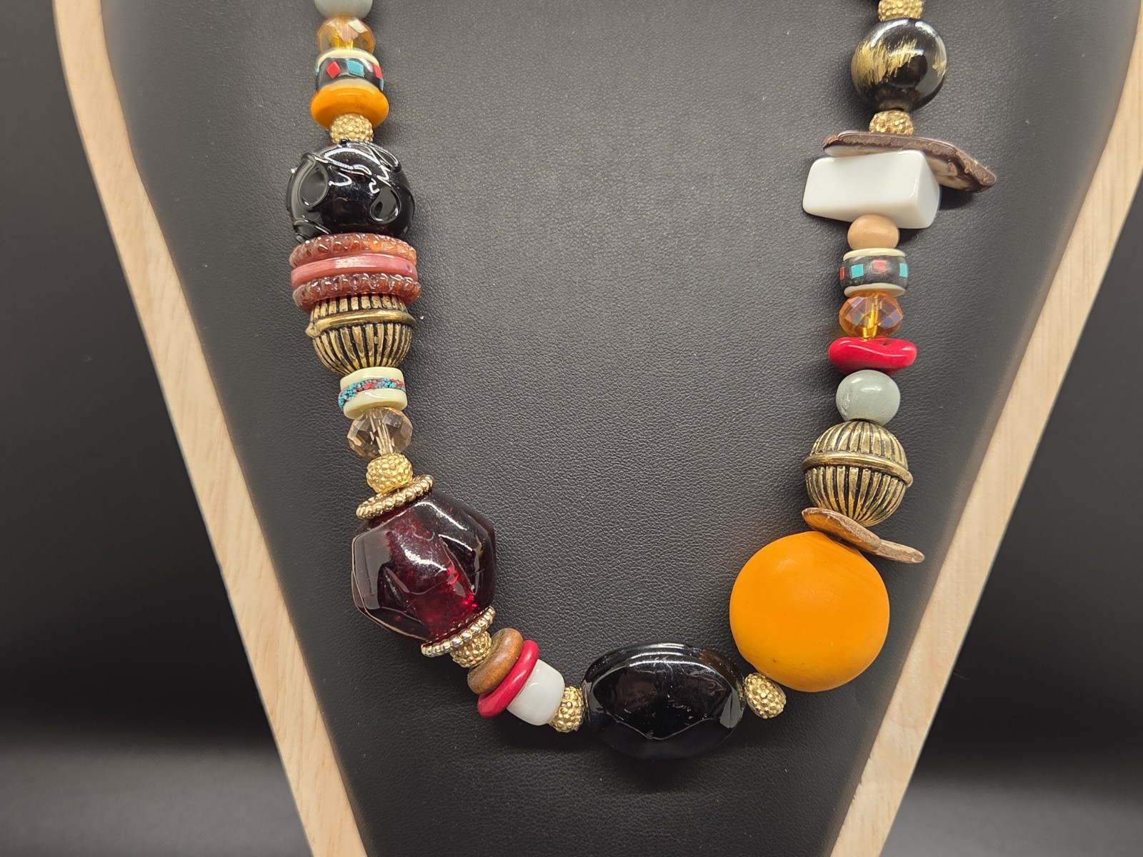 VTG Boho Necklace Artisan Glass Ceramic Lucite Stone Wood Fun Festival Beads 28″