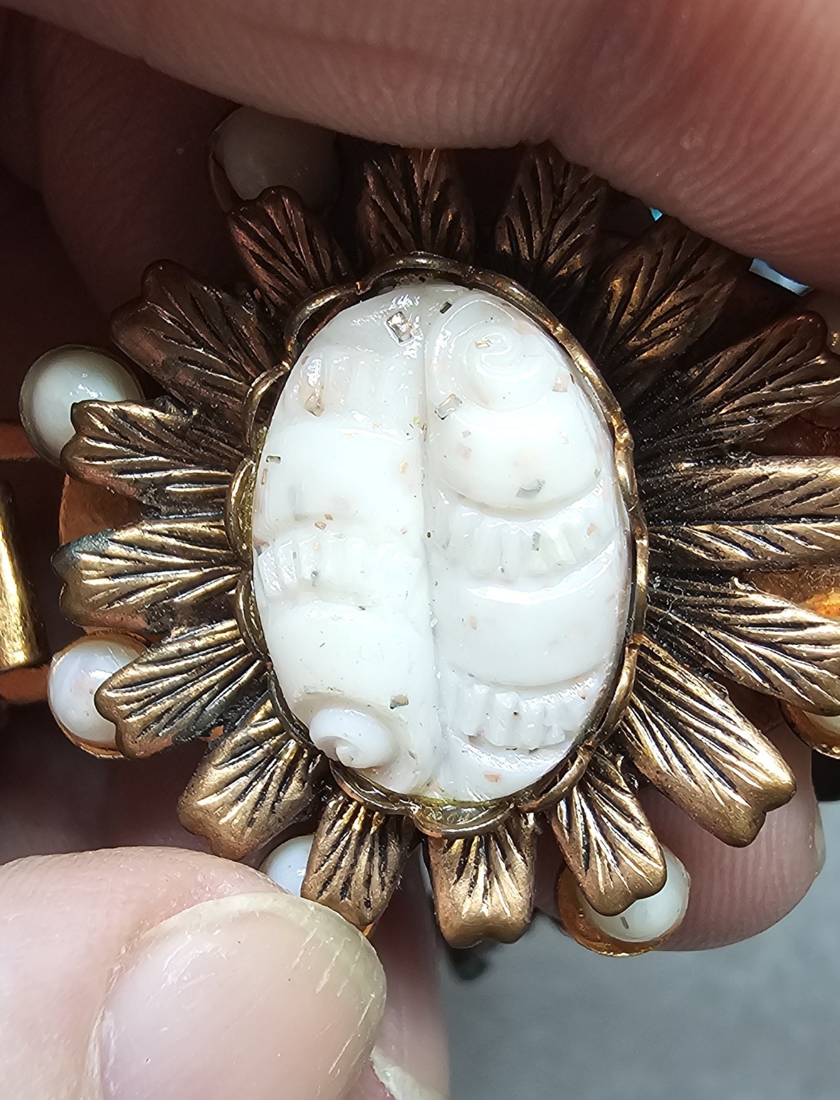 1940s Czech Glass Bracelet White Opaline Confetti Foil Brass