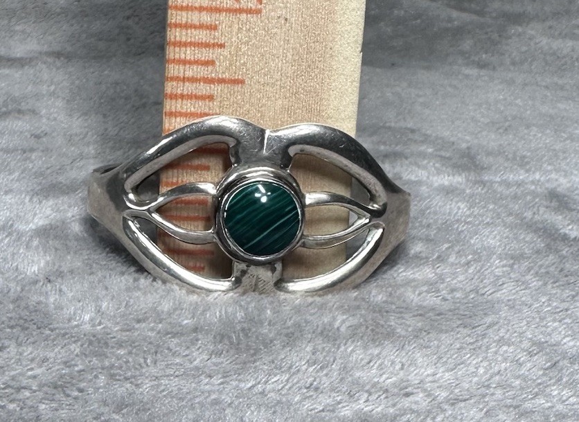 VTG Sterling Silver 925 Malachite Cabochon Hinged Bangle Bracelet Taxco MEX L108