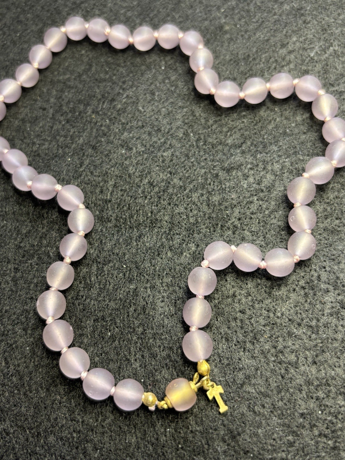 Vintage Lilac Beaded Necklace Gold Tone Push Beaded Clasp & Cross Hand Knotted