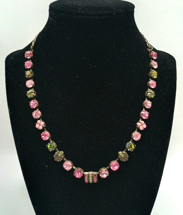 Vintage Mariana Swarovski Crystal Necklace Pink Green Silver Tone Israel