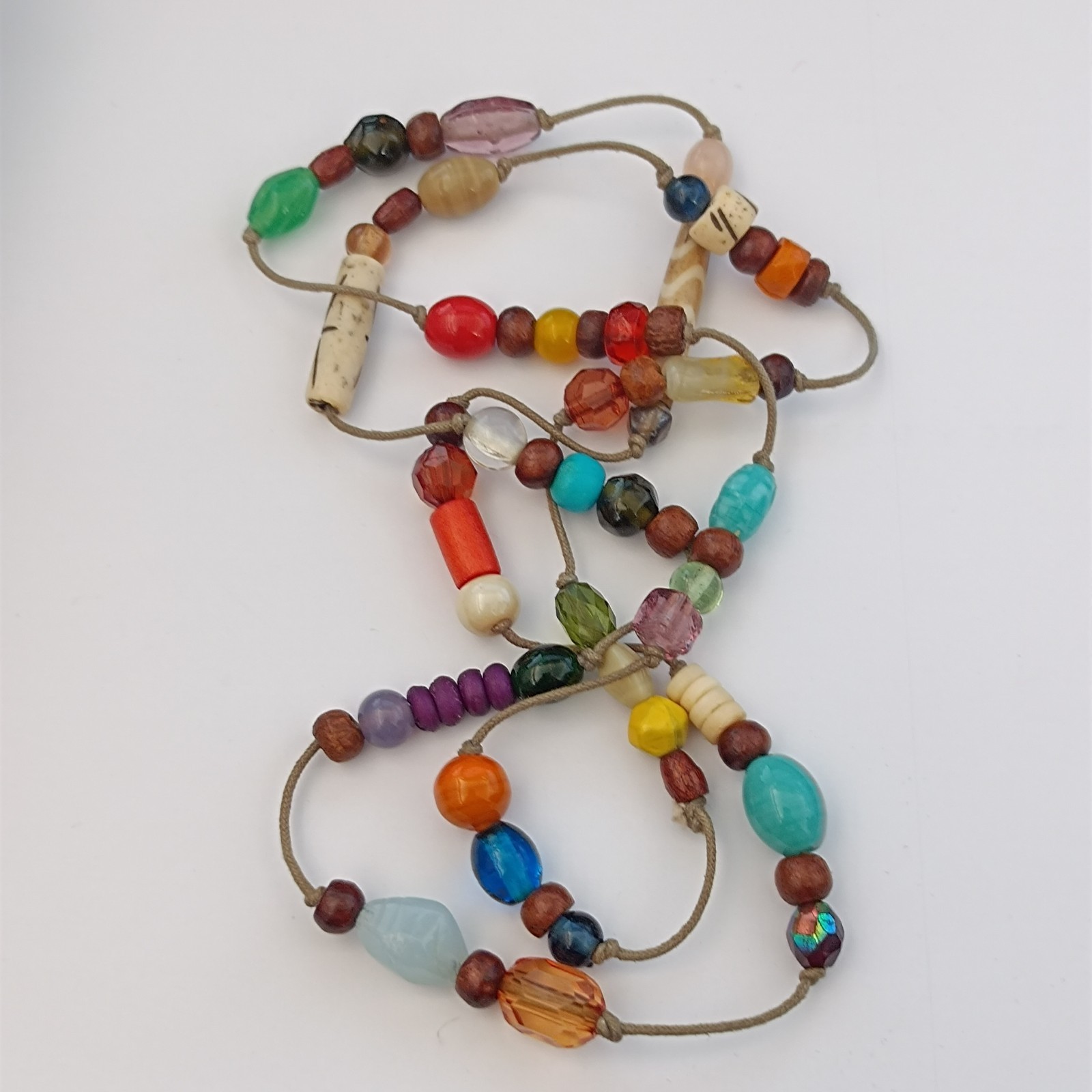 Vintage Long Boho Lariat Necklace Mixed Beads Glass Ceramic Wood Knotted Station