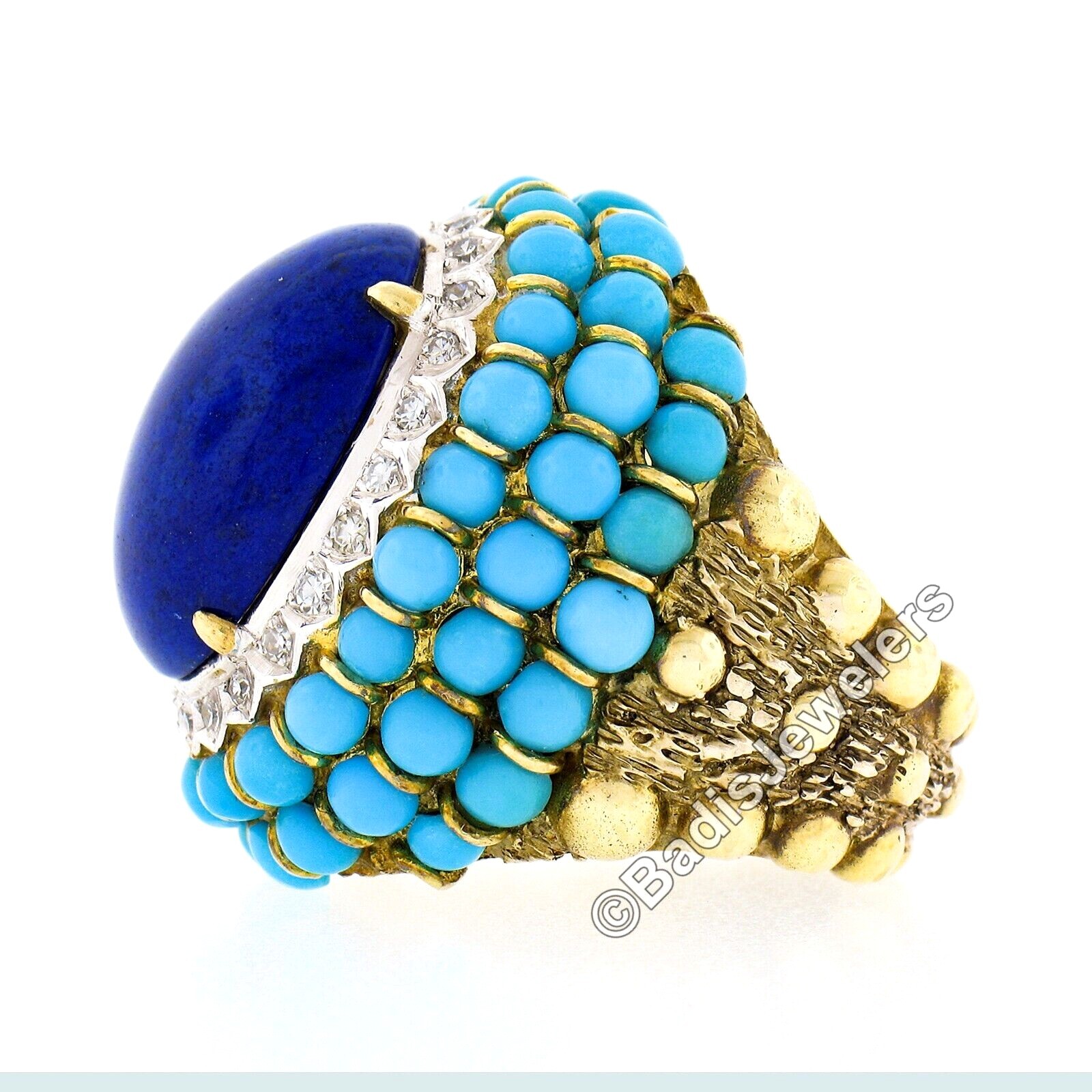 Vintage 14k Gold Cabochon Lapis Turquoise Bead & Diamond Textured Cocktail Ring