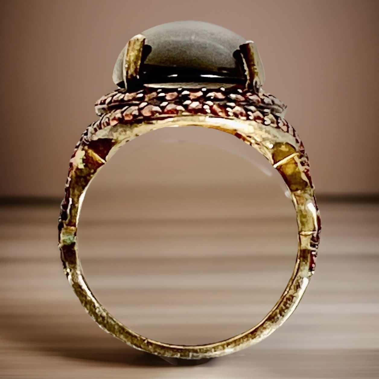 Clear Brown Stone w/Tiny Peach Stones Gold Plated Sterling Silver Ring TH , Sz 7