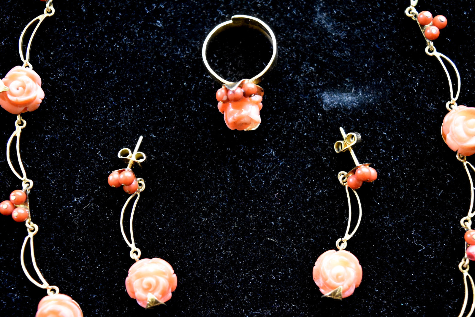18K Solid Rose Gold and Natural Untreated Coral Necklace, Earrings & Ring Set