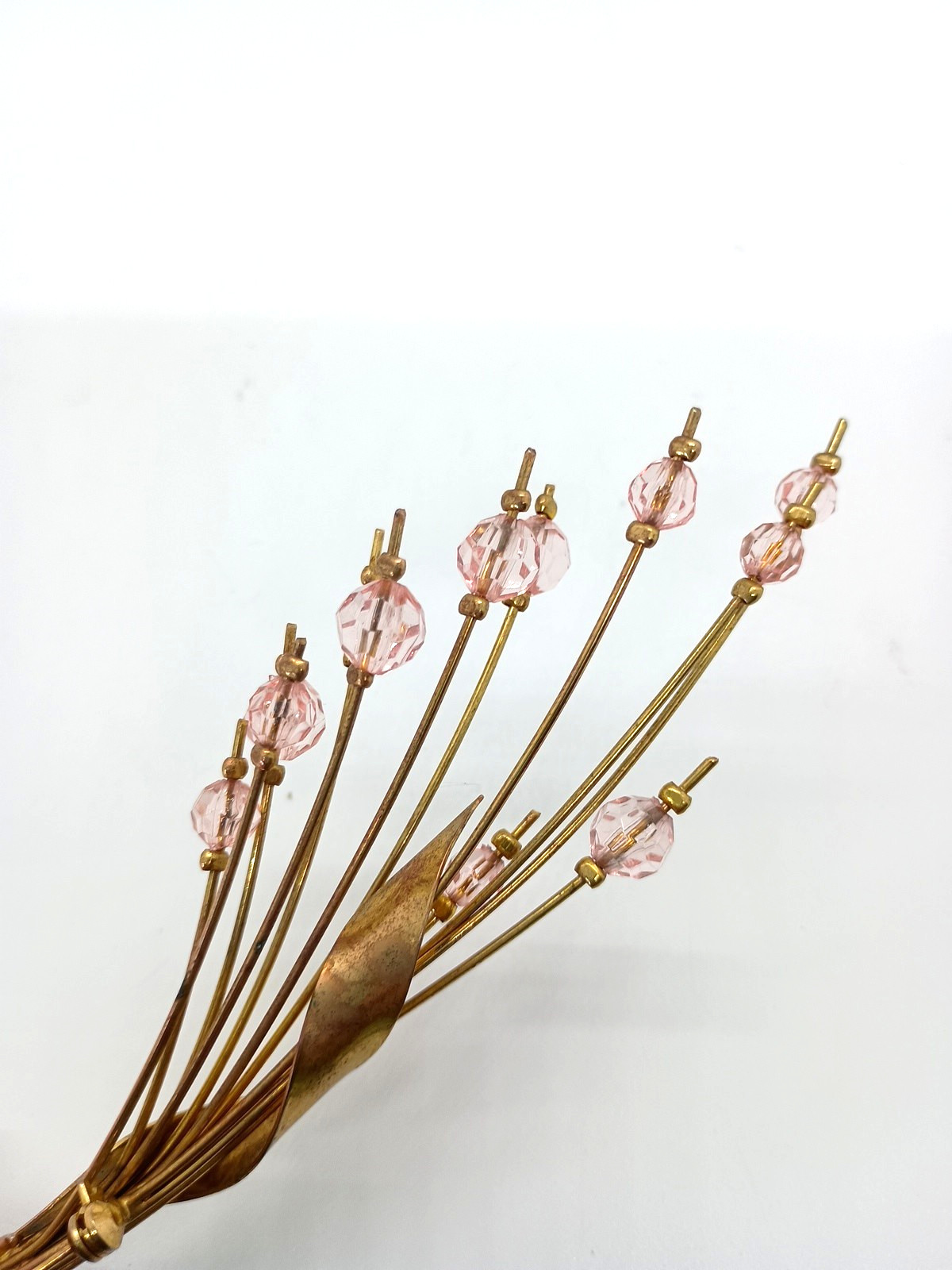 Vintage Gold Tone Brooch Pink Crystal Bead Spray Cattail VGC Retro