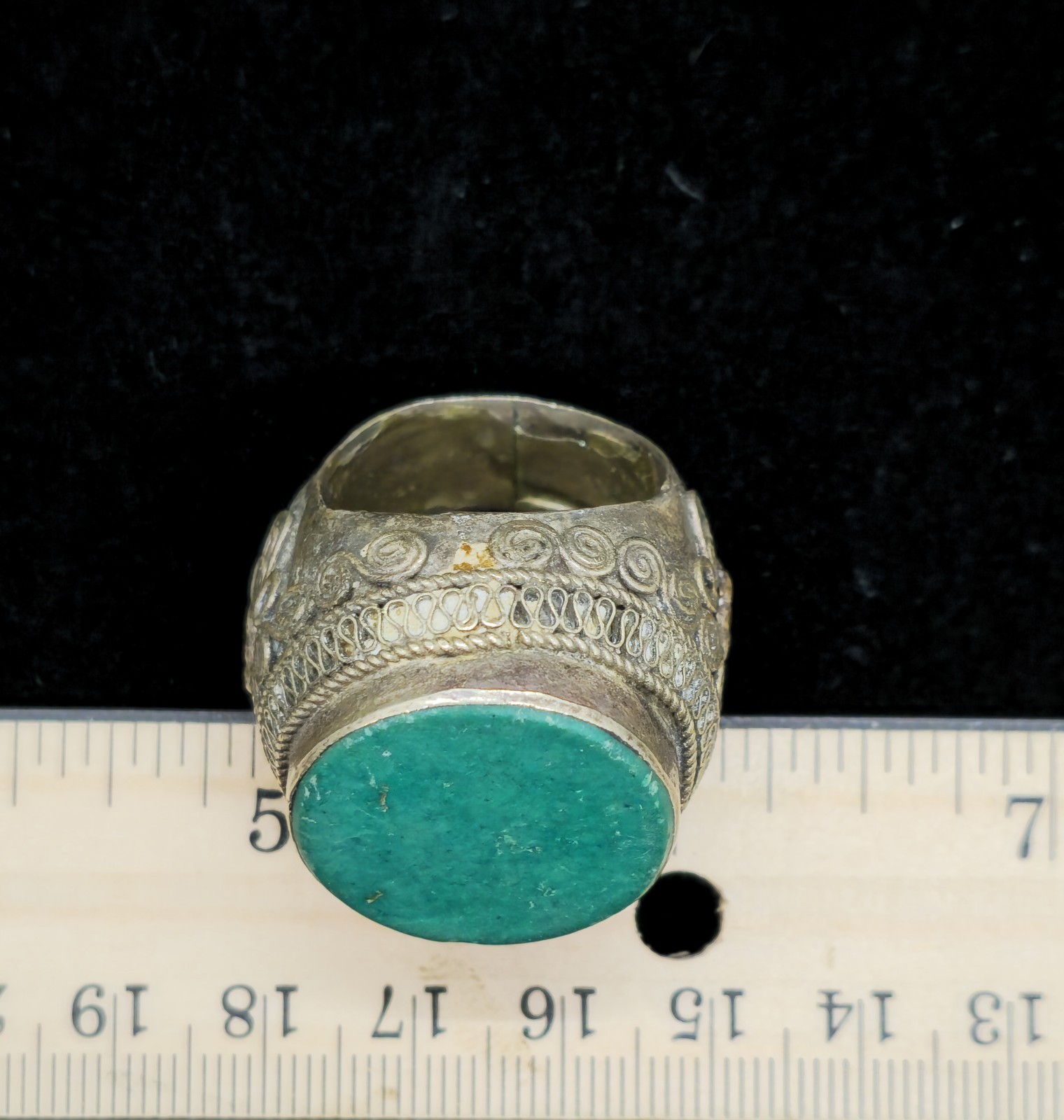 Vtg Antique Green Turquoise Hearts & Flowers Filigree Ring