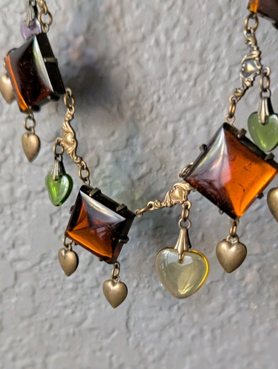 Vtg Art Glass Works Studio Brass Heart Charm Statement Necklace Amber Multi
