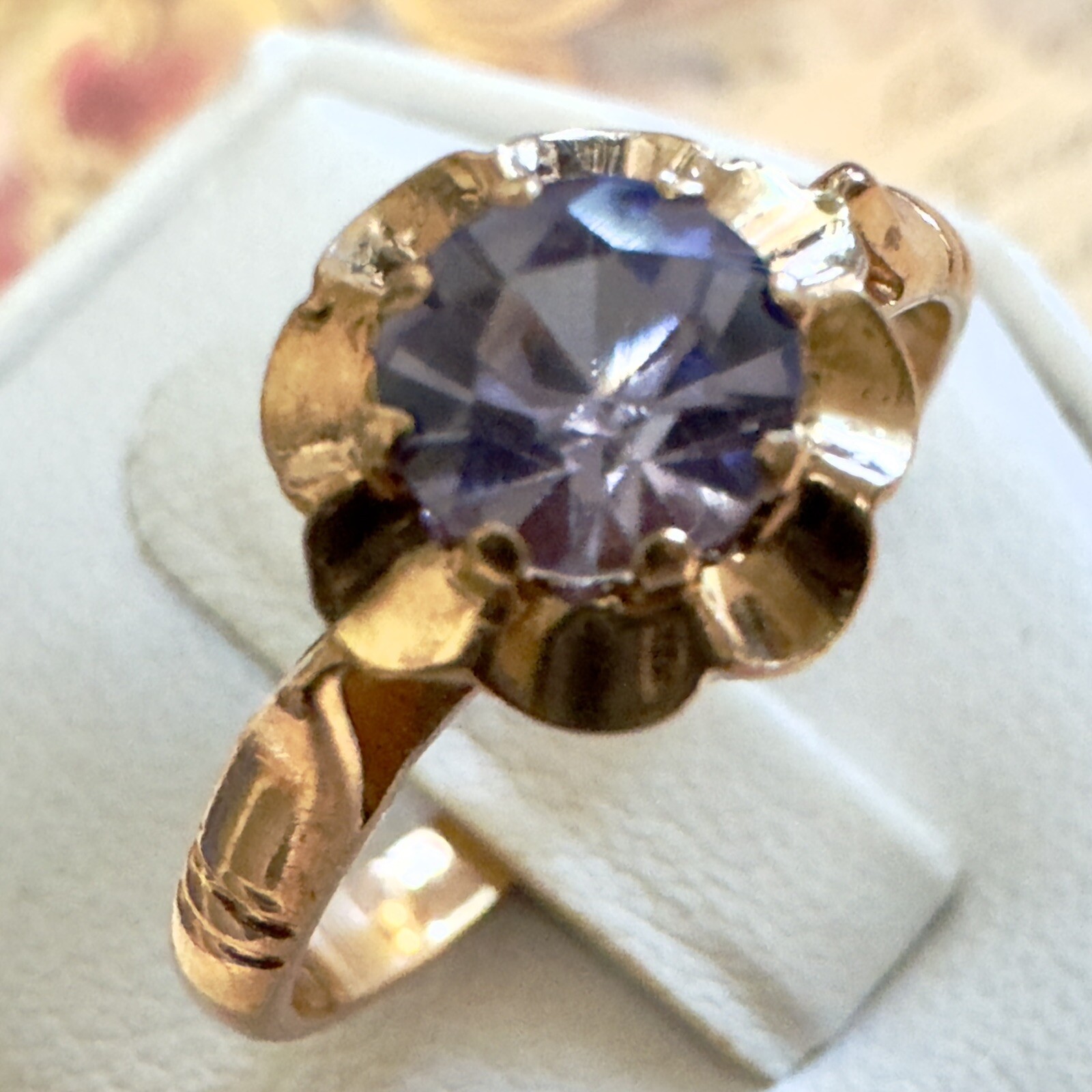 Size 8.5 Vintage 583 14K Rose Gold Gemstone Ring – East European USSR Era #1372