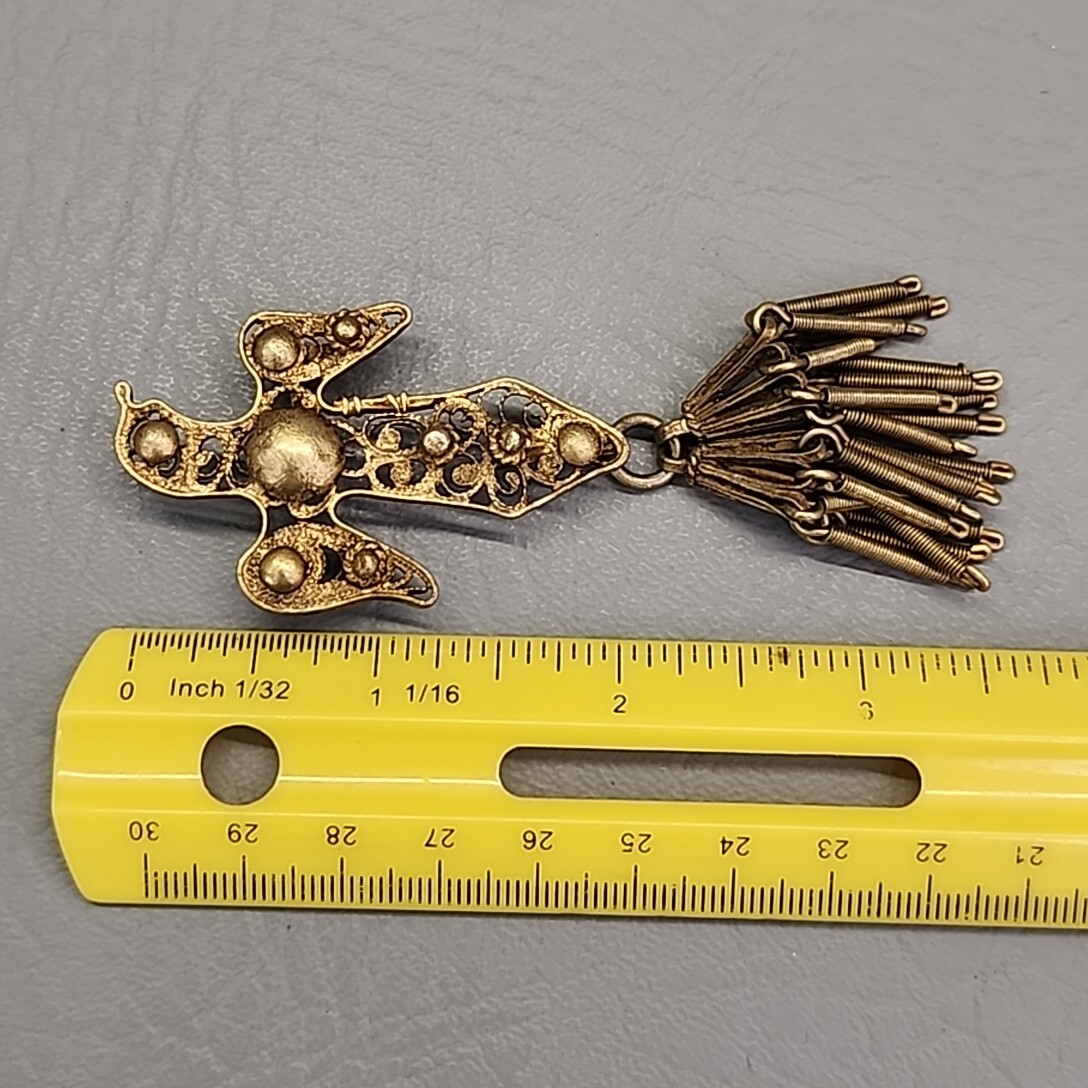 Vintage Eagle Brooch Gold Filled Filigree Tassel C Clasp Artisan Antique 3.5″