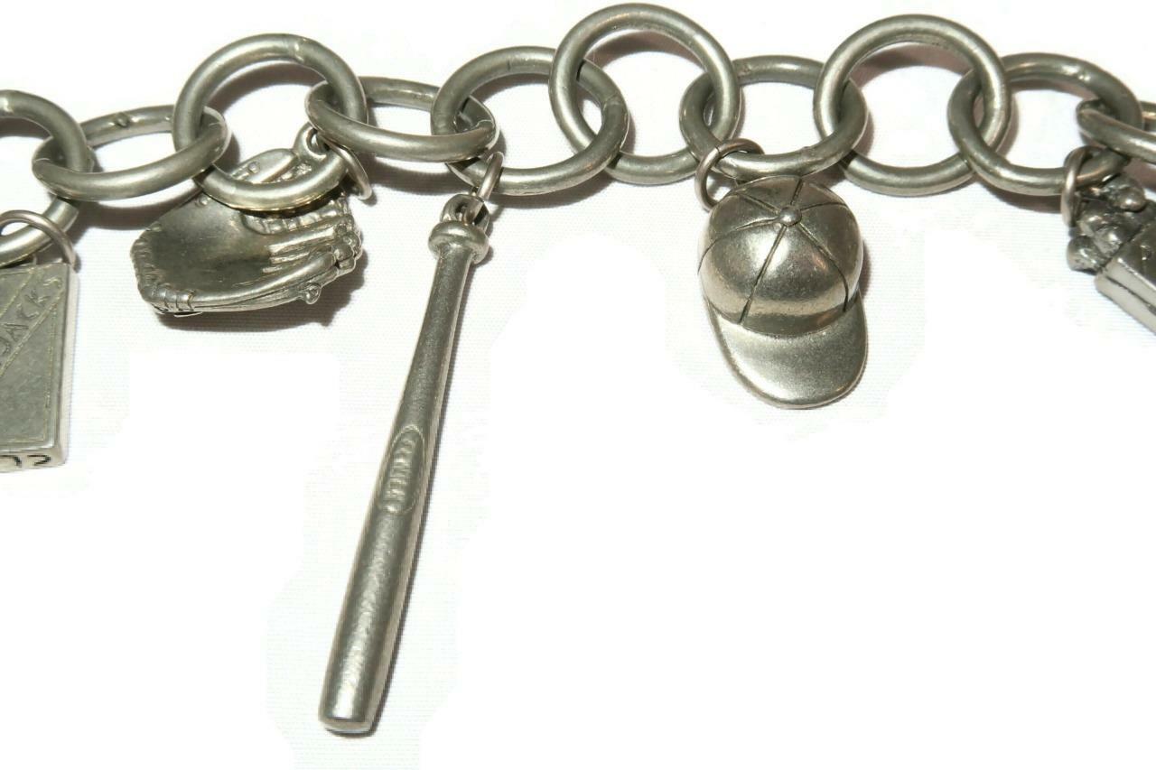 Jim Clift Pewter Charm Bracelet with BASEBALL Theme, 7 Charms