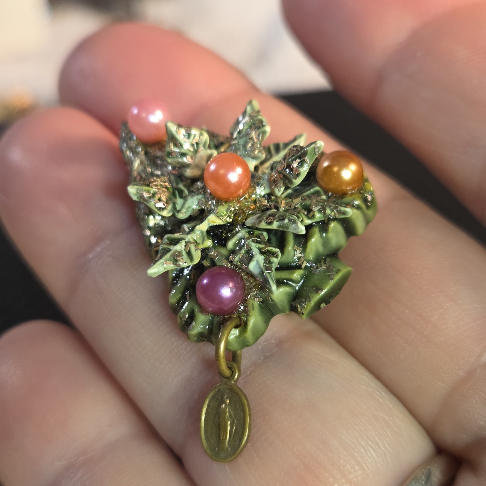 Vintage Christmas Tree Brooch w/ Dangling Micro Devotional Virgin Mary Catholic