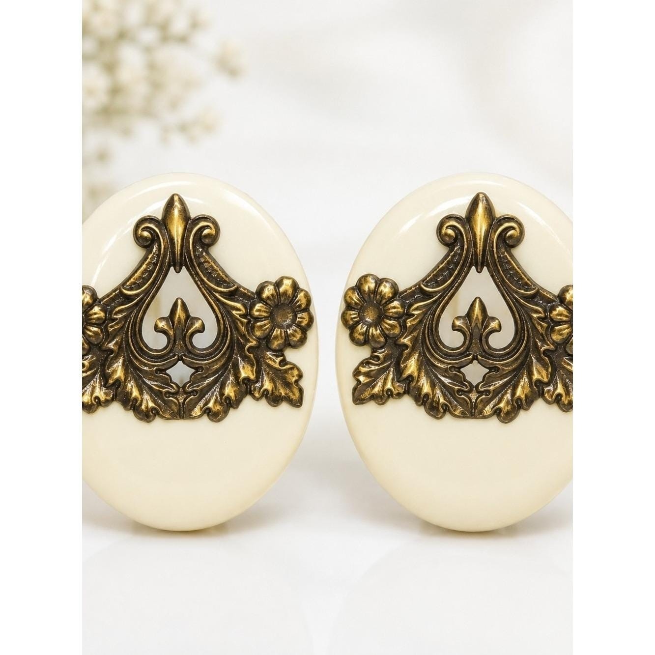 Vintage Ivory Gold Baroque Statement Earrings Plastic Metal 80s Runway Pierced