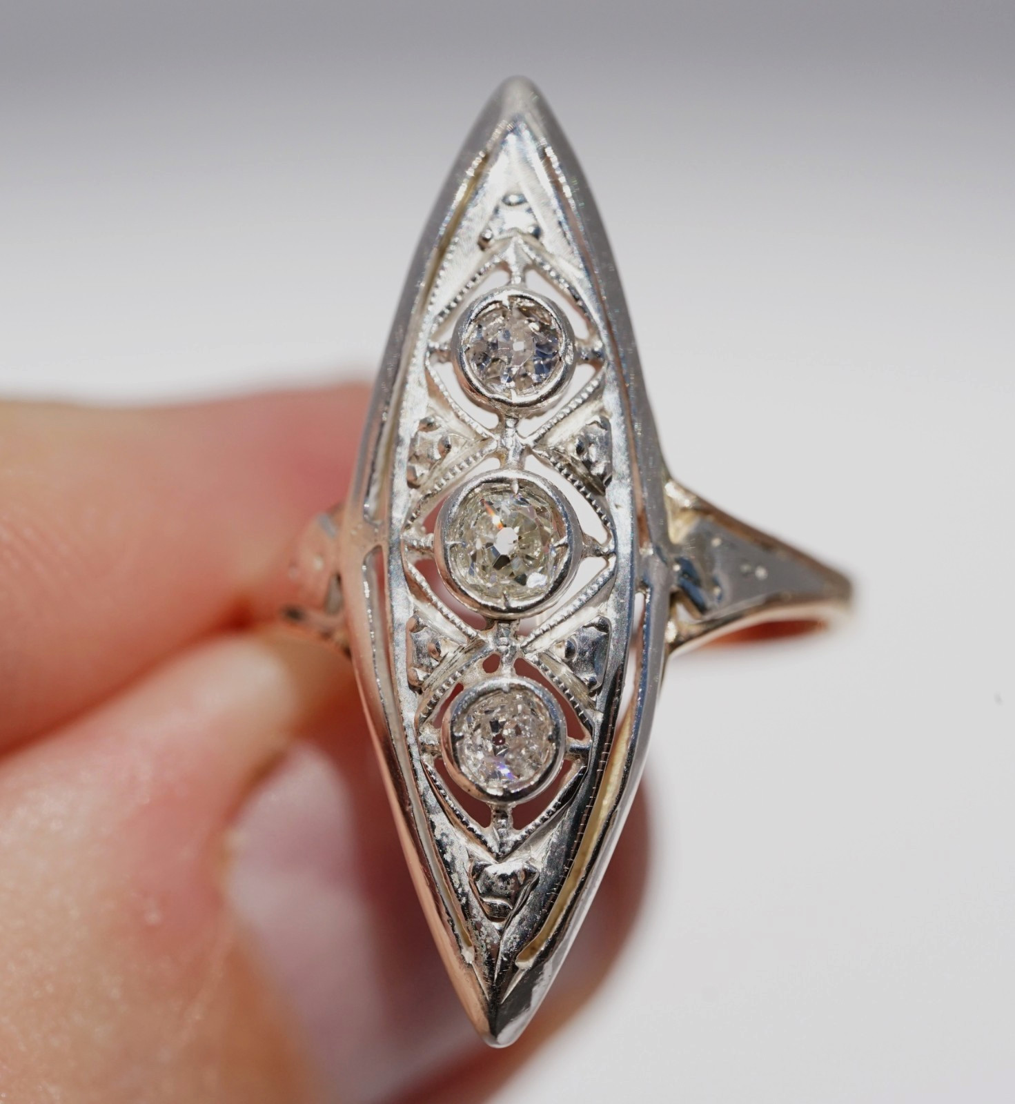 Antique Edwardian 12k Solid Gold Natural Old European Cut Ring Filigree Navette