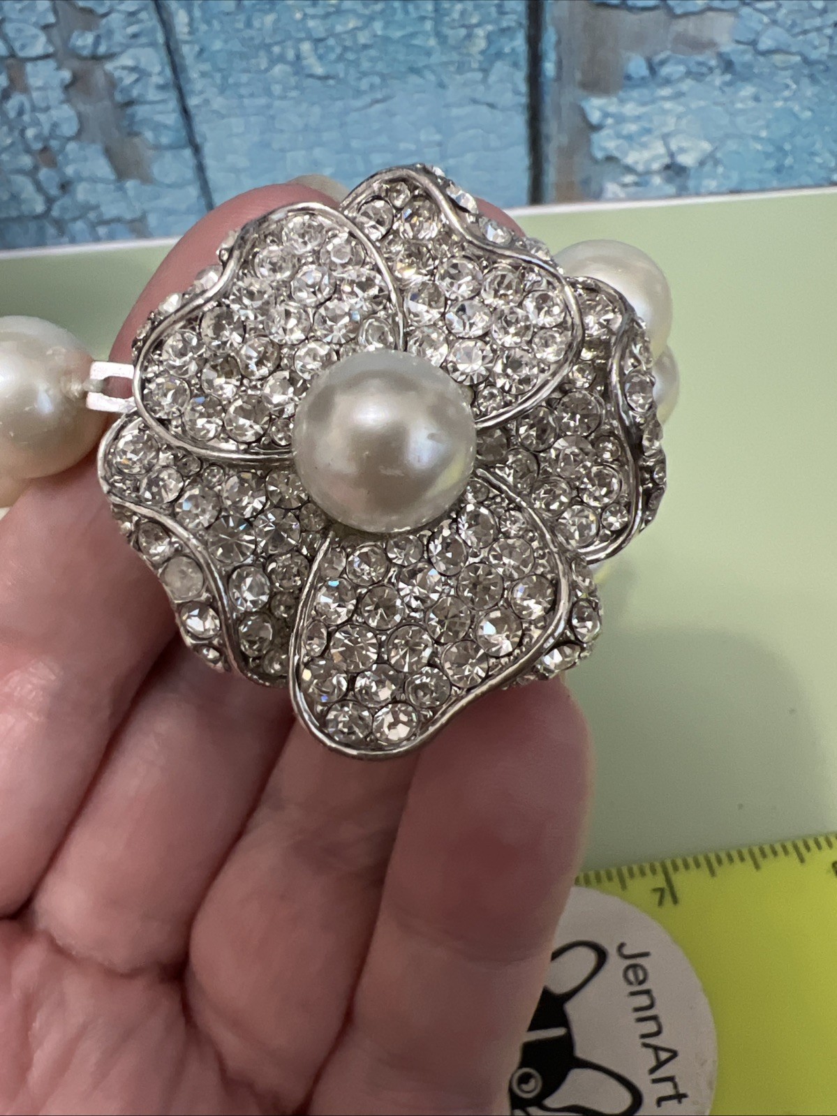 Vintage Signed KJL Large Pearl Necklace Choker With Rhinestone Flower Rose Clasp