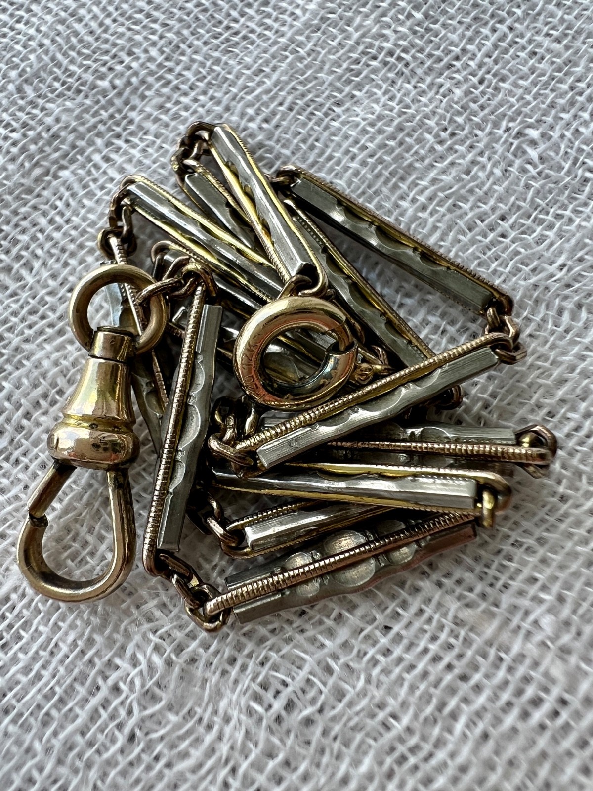 Art Deco 12K Gold Filled Two Tone Bar Link Watch Chain 14″ Swivel Dog Clip