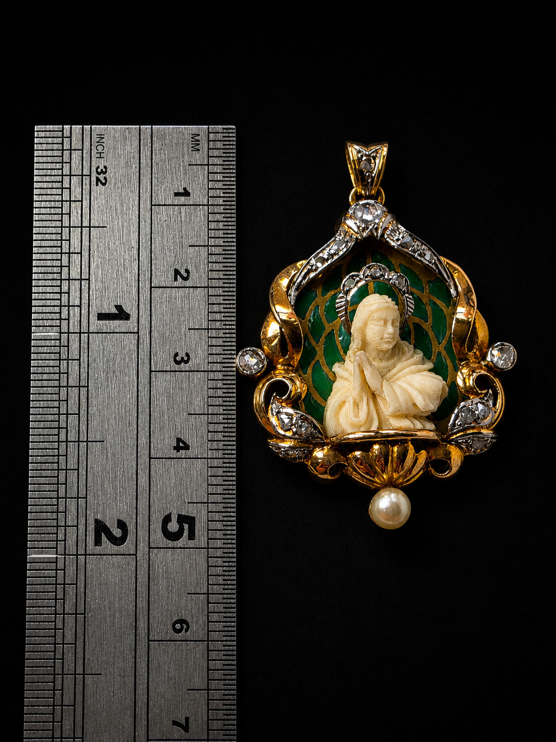 Antique Virgin Mary Pendant 18K Gold Diamond Enamel Art Nouveau Catholic Medal