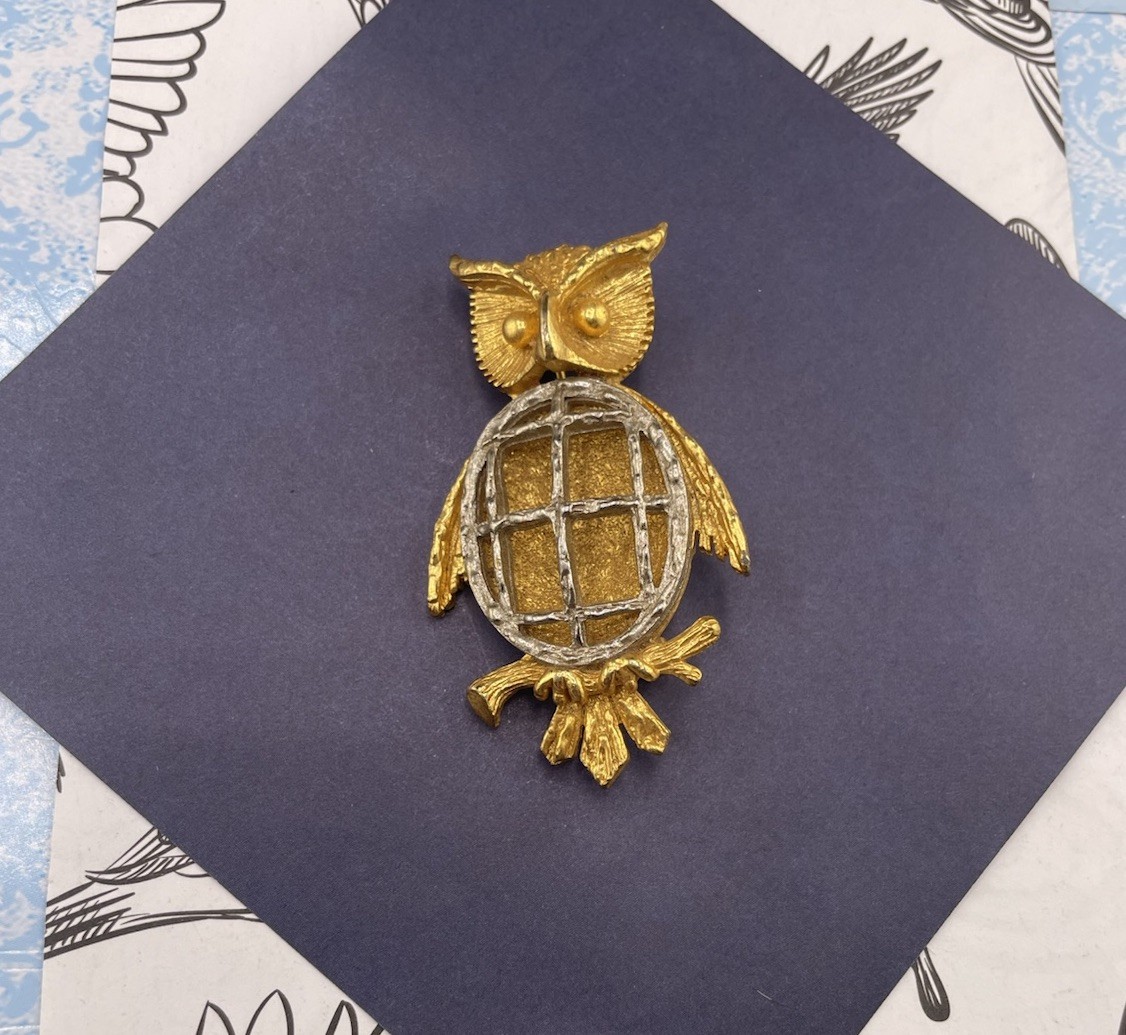 Vintage Whimsical Owl Fancy Brooch Collar Pin Openwork Bird Two Tone