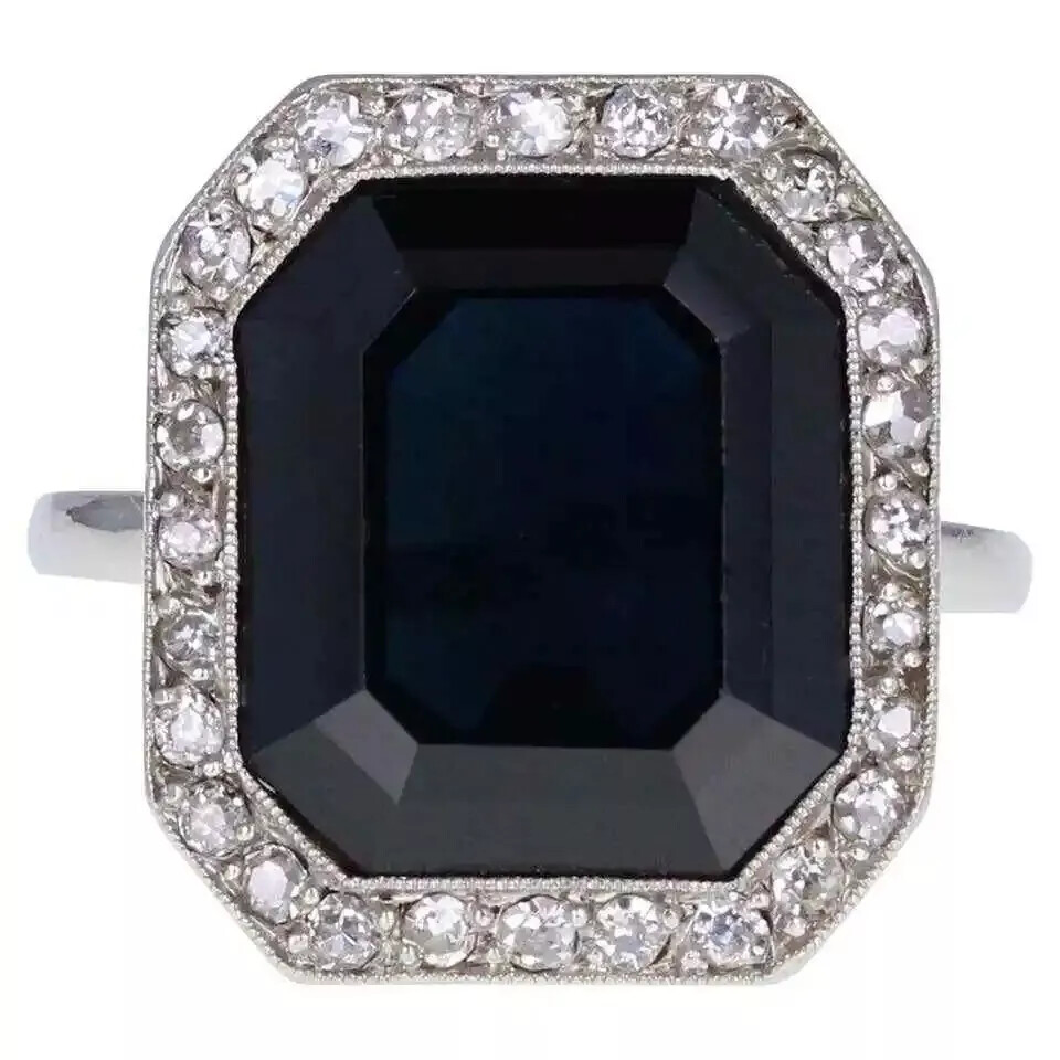 3.00 CT Black Emerald Cut Onyx CZ Women’s Halo Wedding Ring In Solid 925 Silver