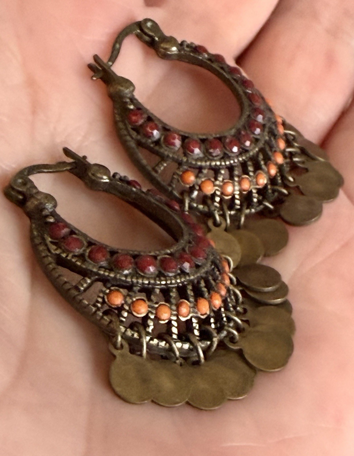 Vintage Gypsy Boho Bronze Hoop Dangle Hanging Pierced Earrings Red Orange Stones