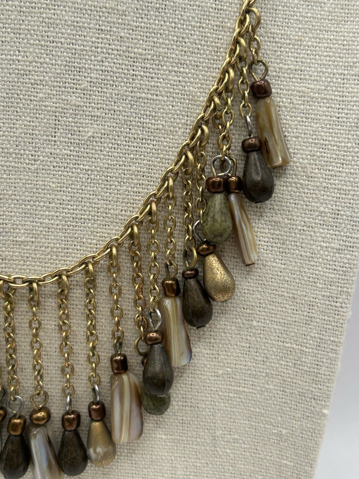Vintage Boho Fringe Necklace Gold Tone Multi Stone Dangle Bib Statement Earthy