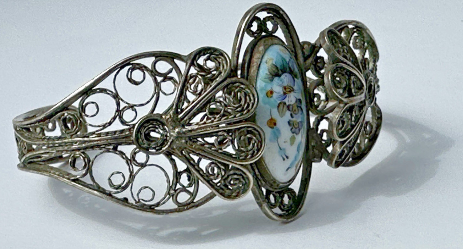 Vintage Painted Floral Motif Enamel Cuff Bracelet W/ Ornate Filigree
