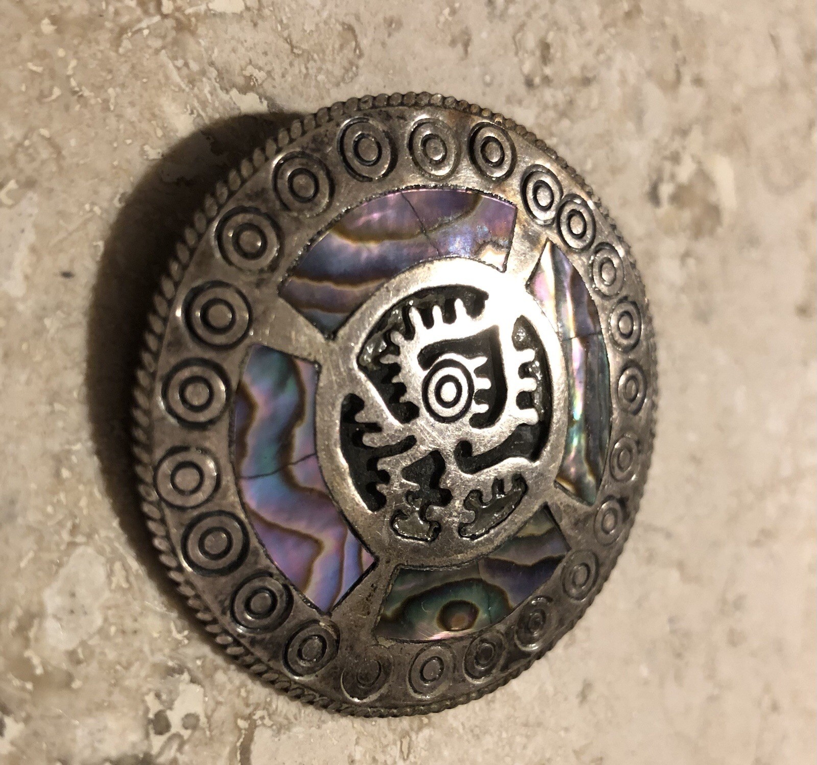 🌈 ✨VTG TAXCO Mexico 925 Sterling Silver TRB RAINBOW ABALONE Aztec Sun Pendant