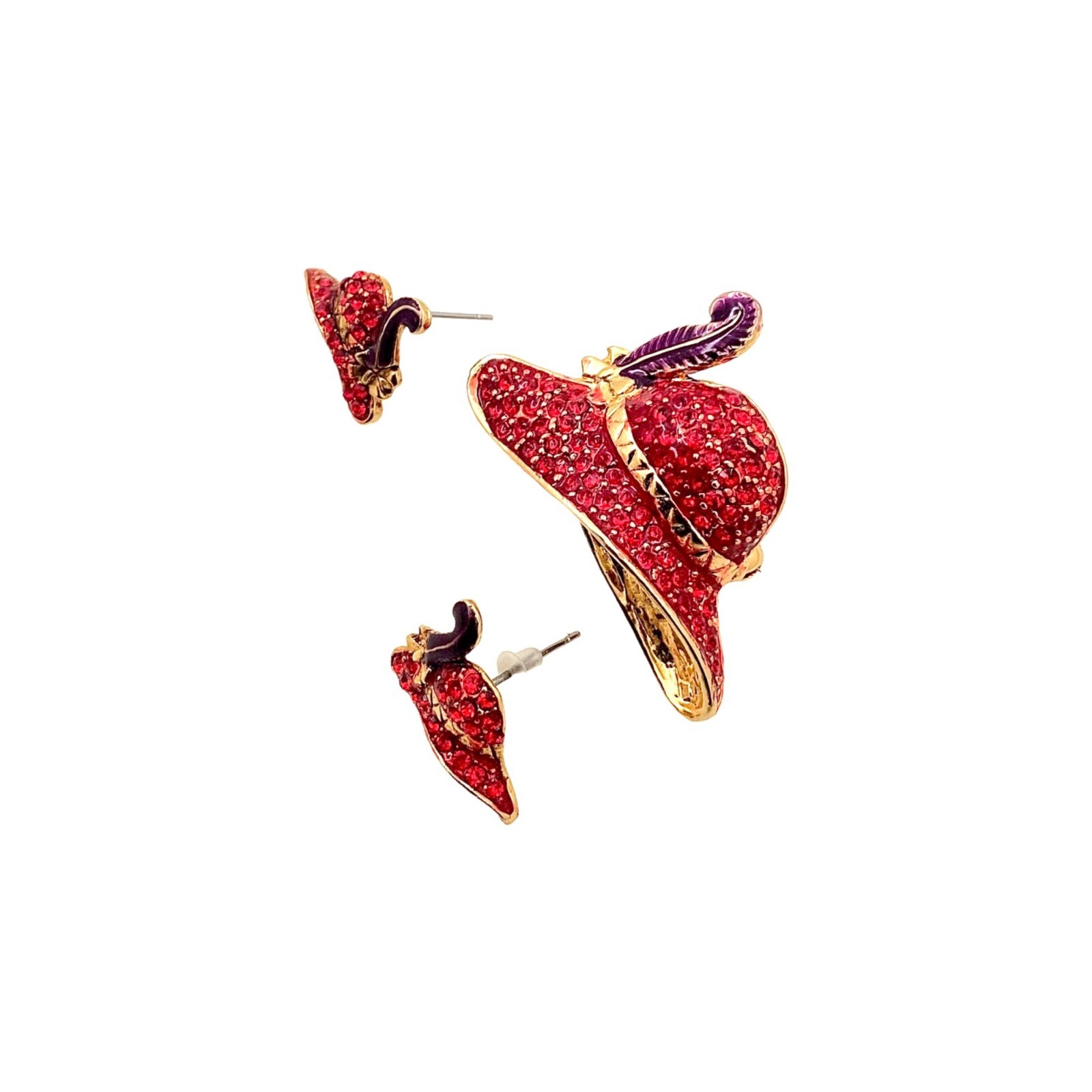 Vintage Red Hat Society Jewelry Set Brooch Earrings Pave Rhinestones Enamel 80s