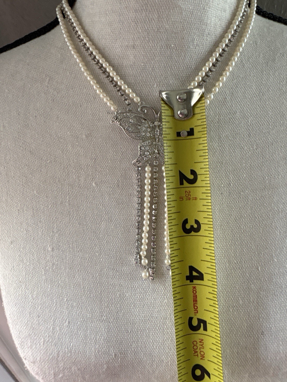 Vintage Faux Pearl Rhinestone Butterfly Necklace Silver Tone Fringe Bib