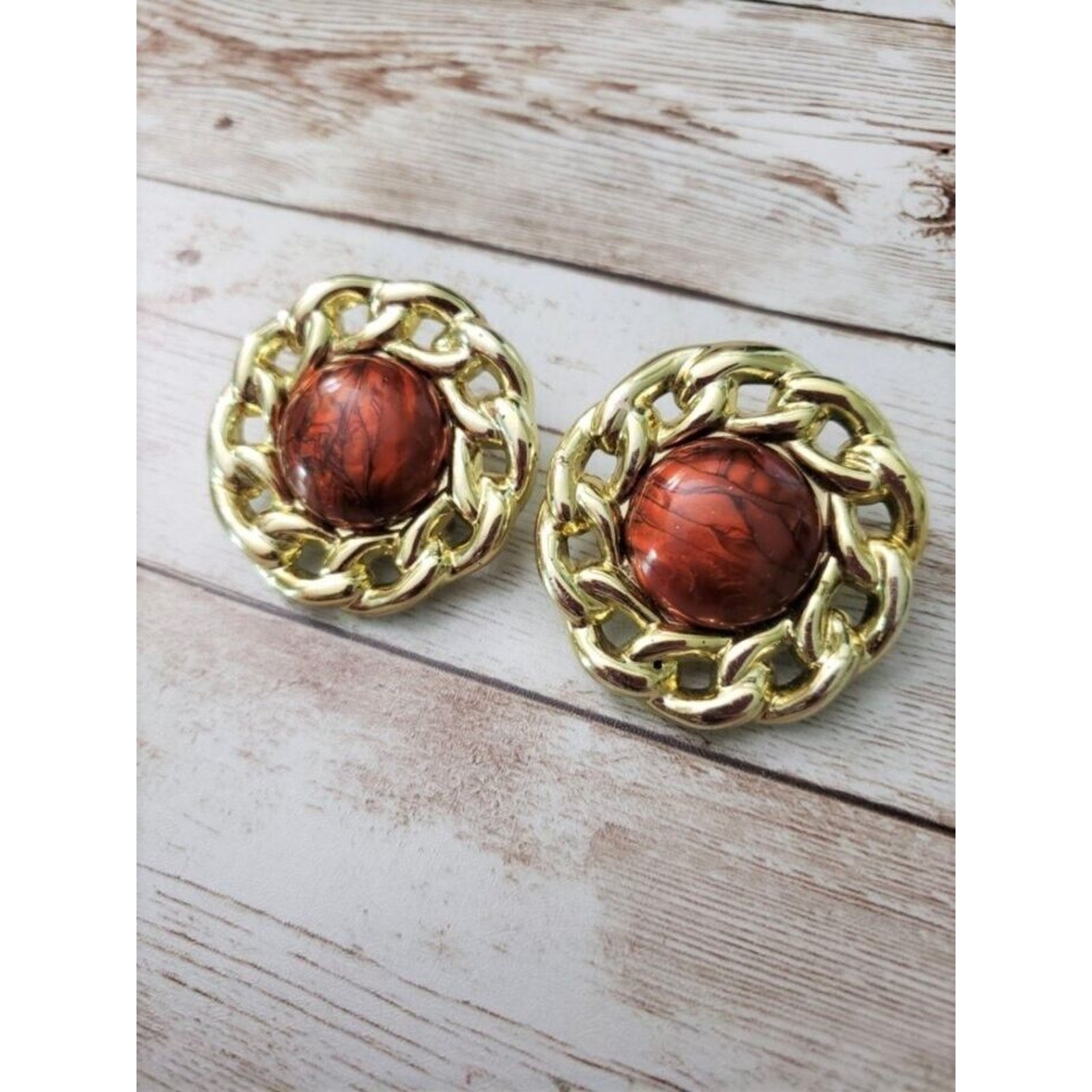 Vintage Clip On Earrings – Gold Tone with Brown Center Large 1 & 5/8″