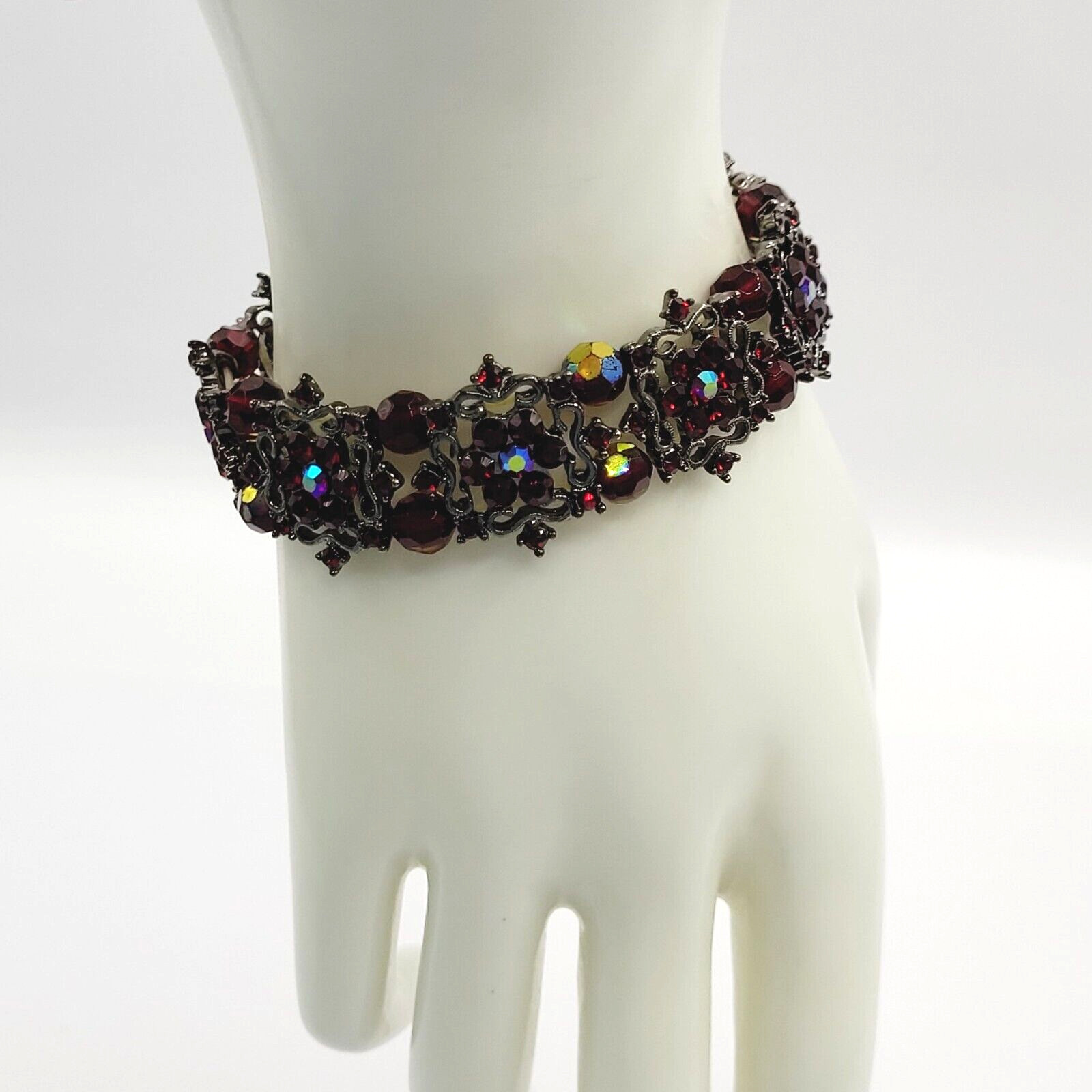 Red AB Crystal Sparkle Flower Floral Metal Ornate Fancy Event Stretch Bracelet