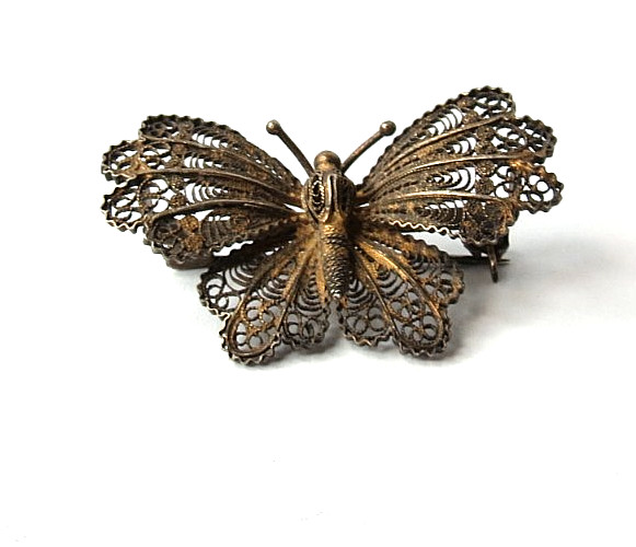 VINTAGE 800 SILVER FILIGREE BUTTERFLY PIN BROOCH 42MM WIDE