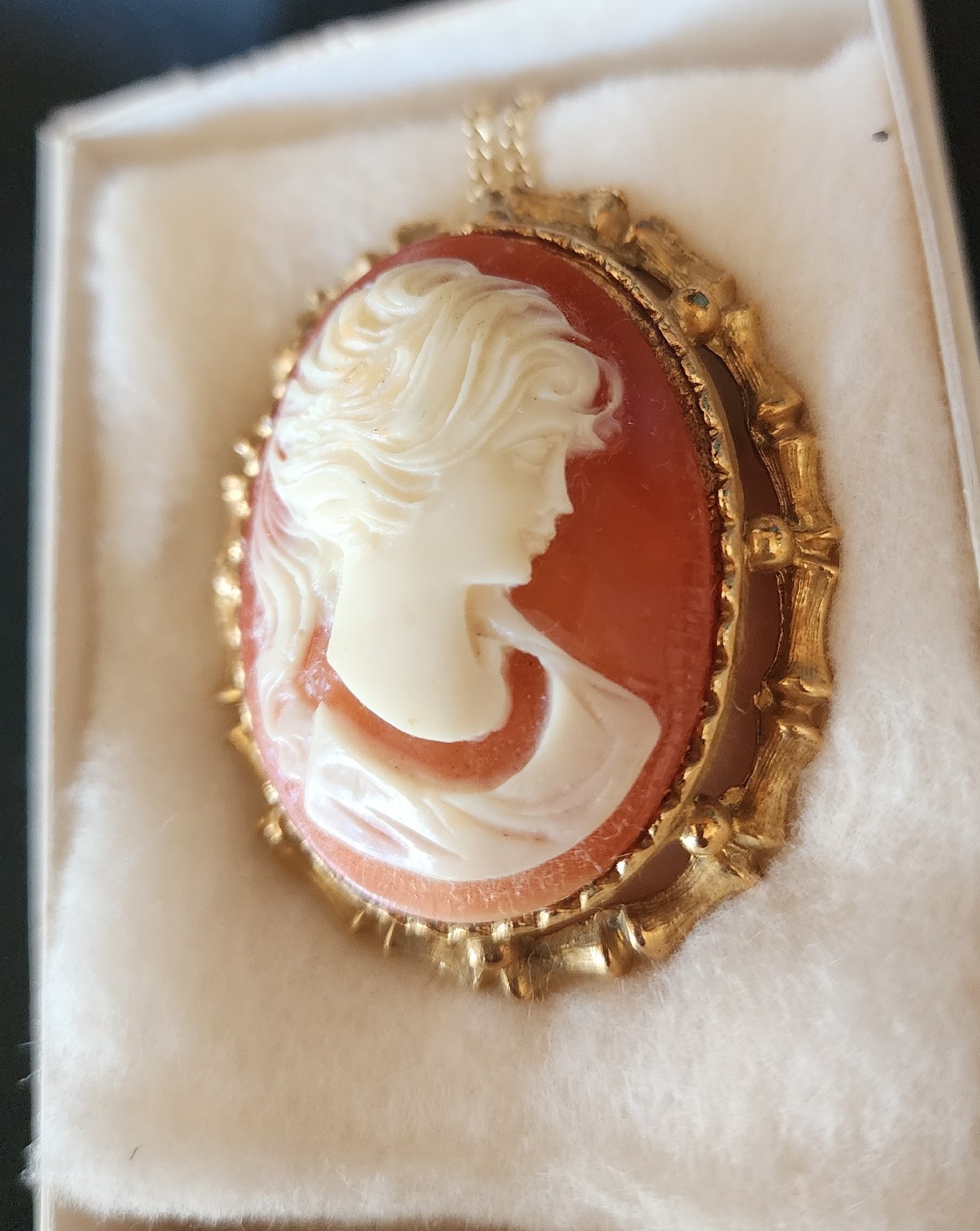 Vintage Salmon Color Lady Head Cameo Necklace Pendant Brooch Pin Beautiful NOS